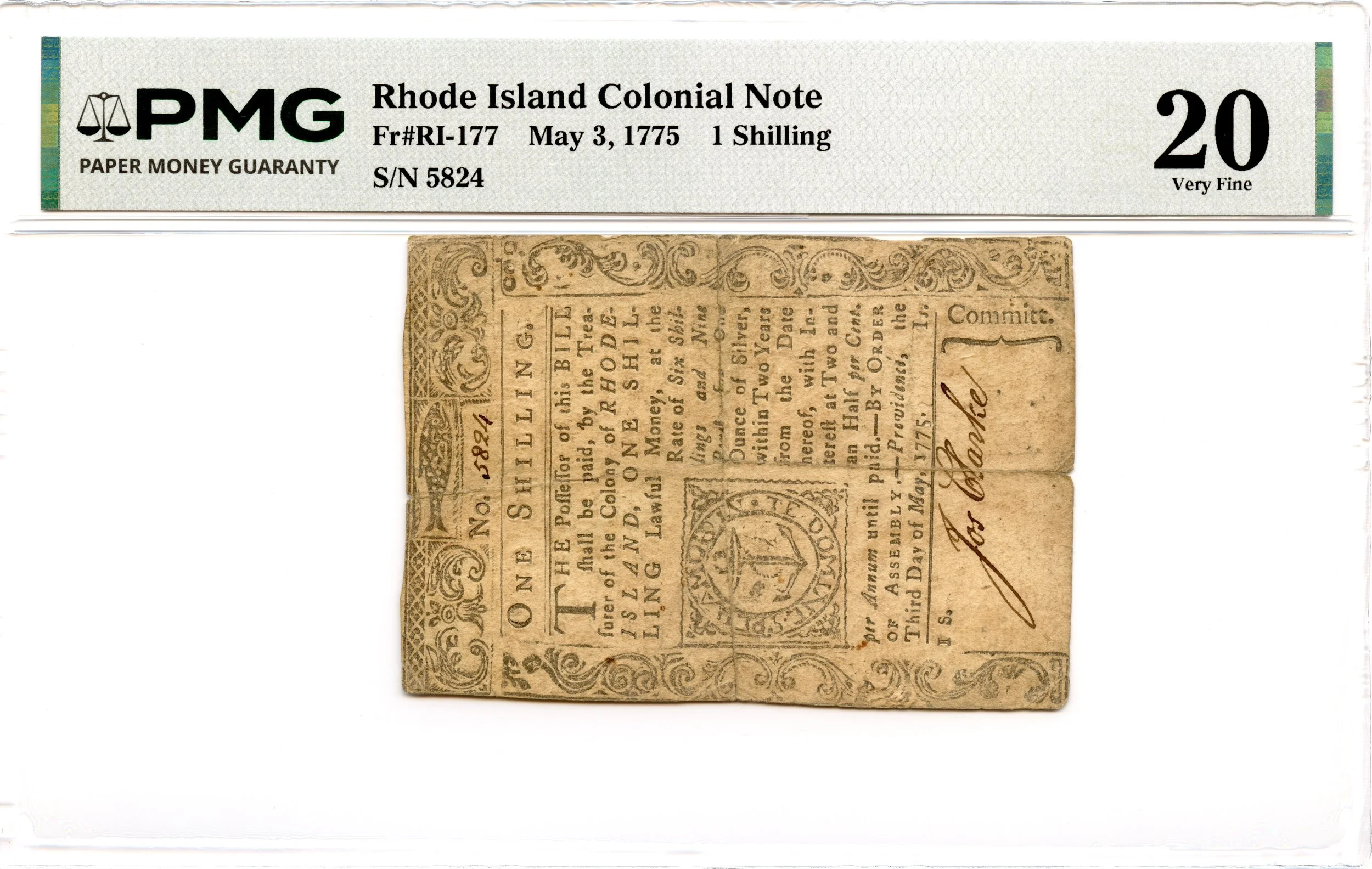 Rhode Island Colonial Note Fr#RI-177 May 3, 1775 1s PMG VF-20 *Finest Known*