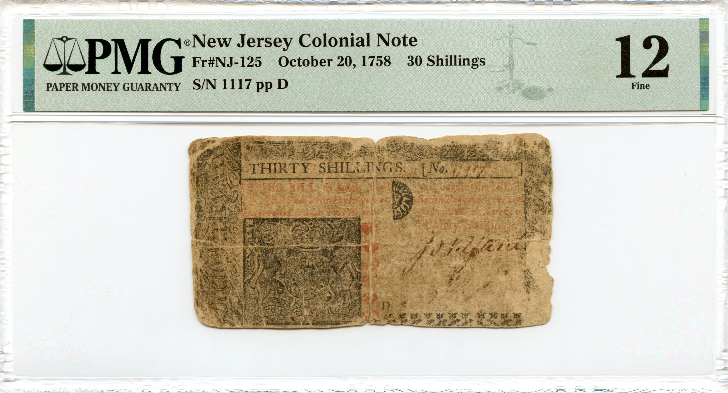 New Jersey Colonial Note Fr#NJ-125 October 20, 1758 30s PMG F-12 *5 Known*