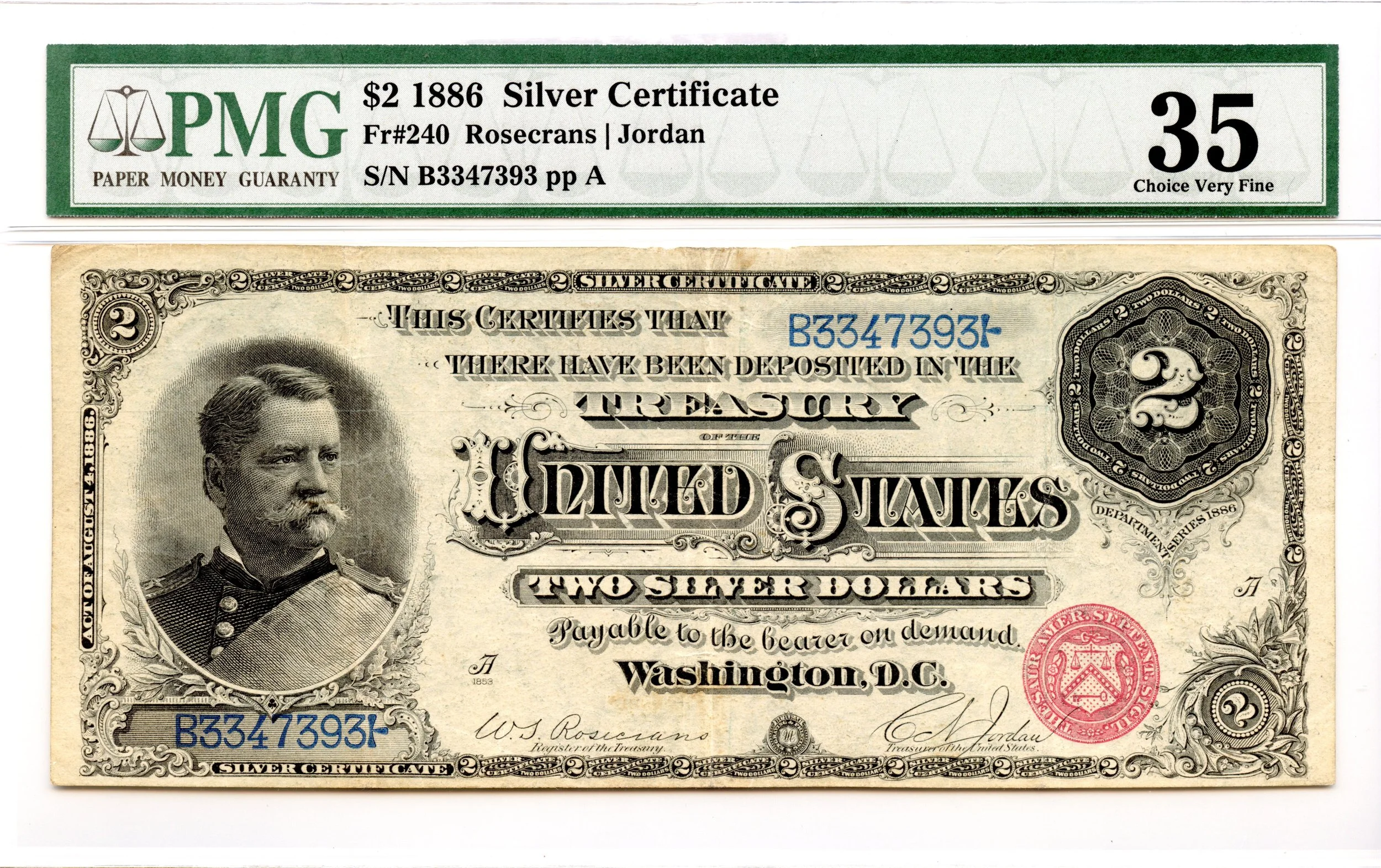 1886 $2 Silver Certificate Fr#240 PMG VF-35 *General Hancock*