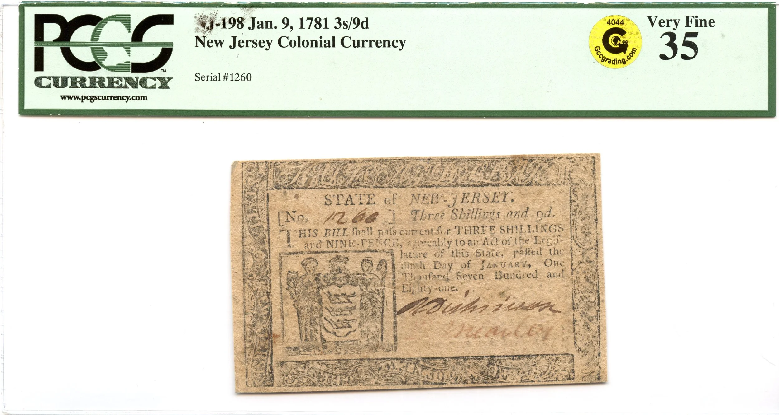 New Jersey Colonial Note Fr#NJ-198 January 9, 1781 3s9d PCGS VF-35 GCC Gold *David Brearley*