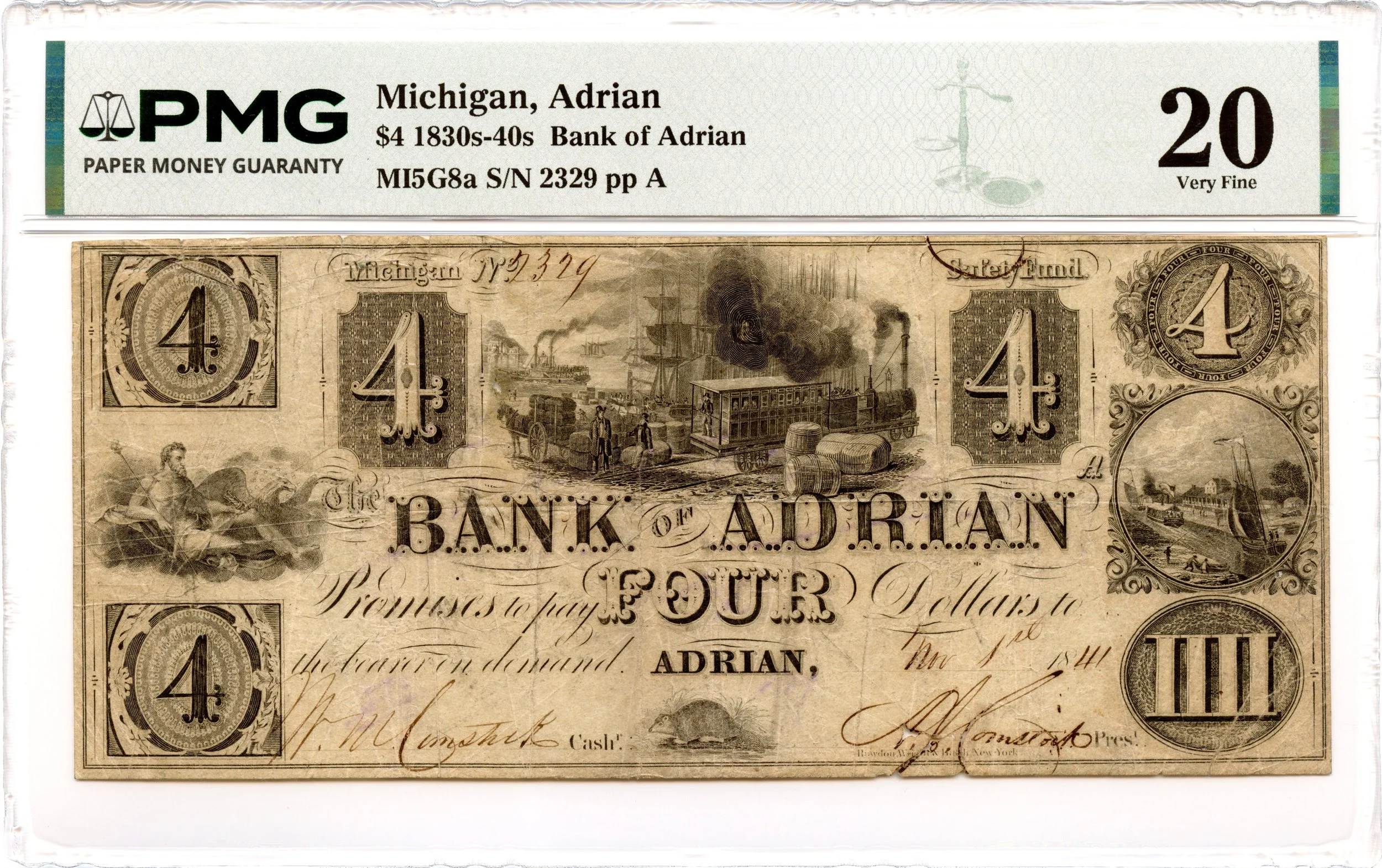 1841 $4 Adrian, Michigan Obsolete Note Bank of Adrian PMG VF-20 *Scarce*