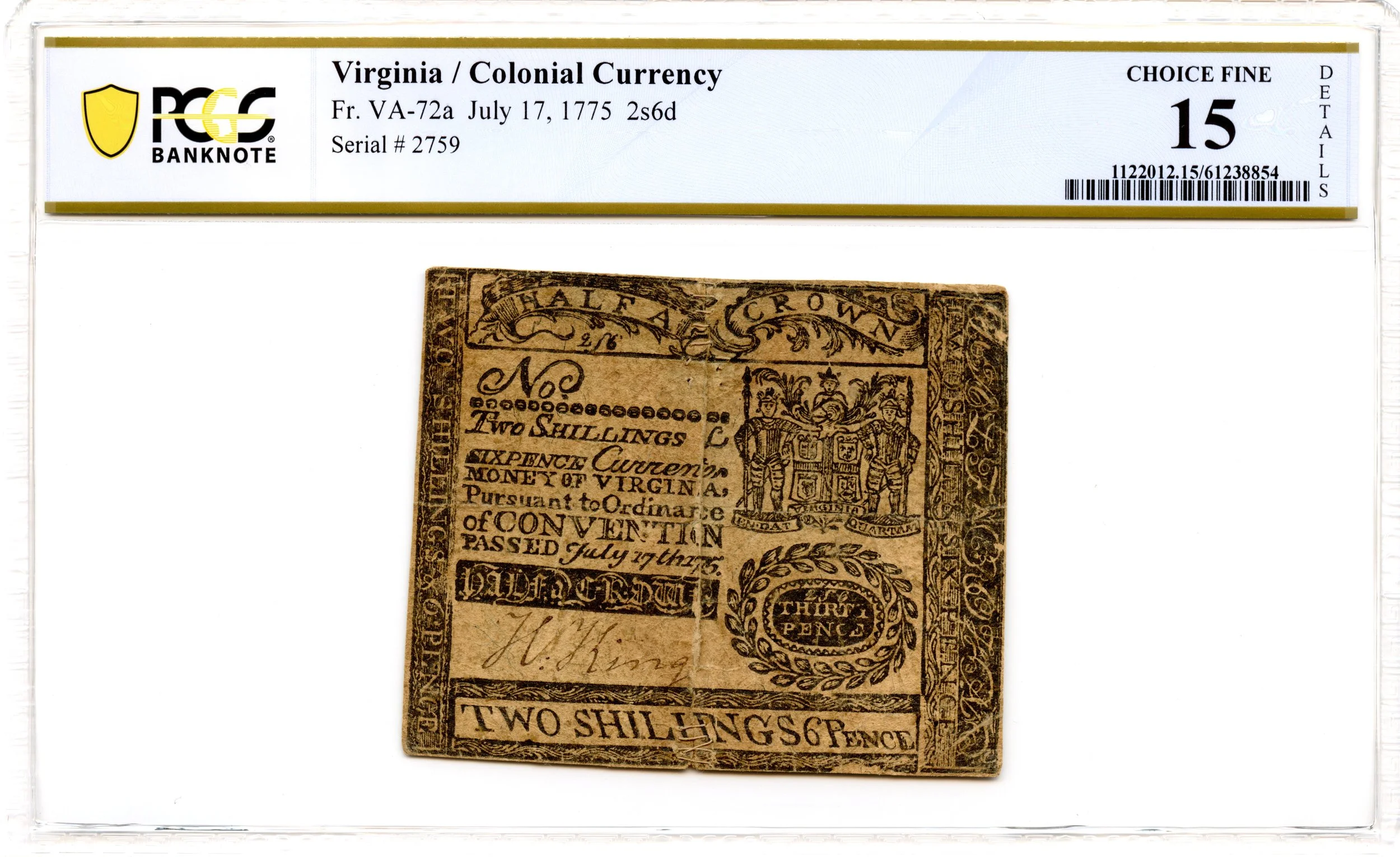 Virginia Colonial Note Fr#VA-72a July 17, 1775 2s6d PCGS F-15 *Contemporaneously Sewn*