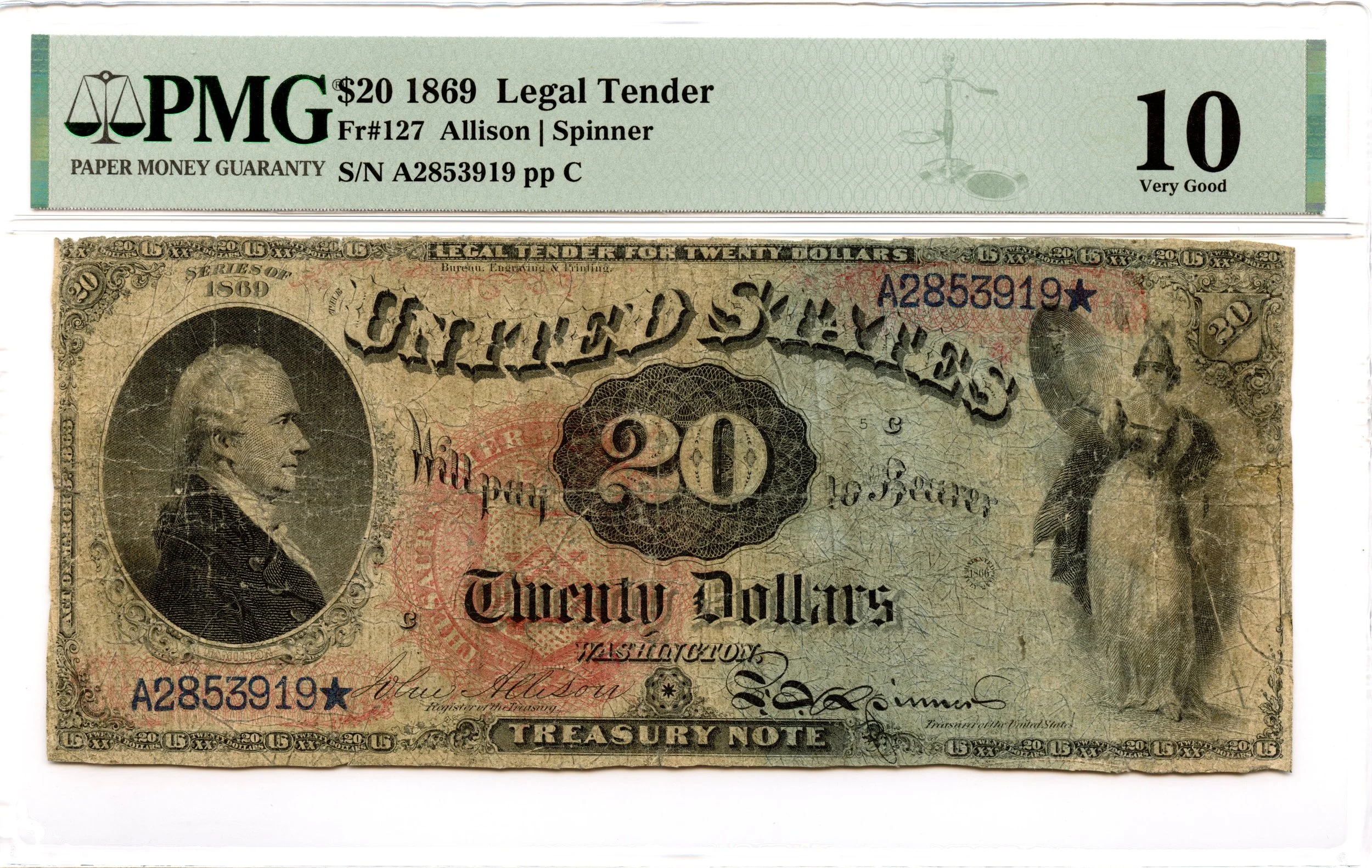 1869 $20 Legal Tender Note Fr#127 PMG VG-10 *Rainbow*