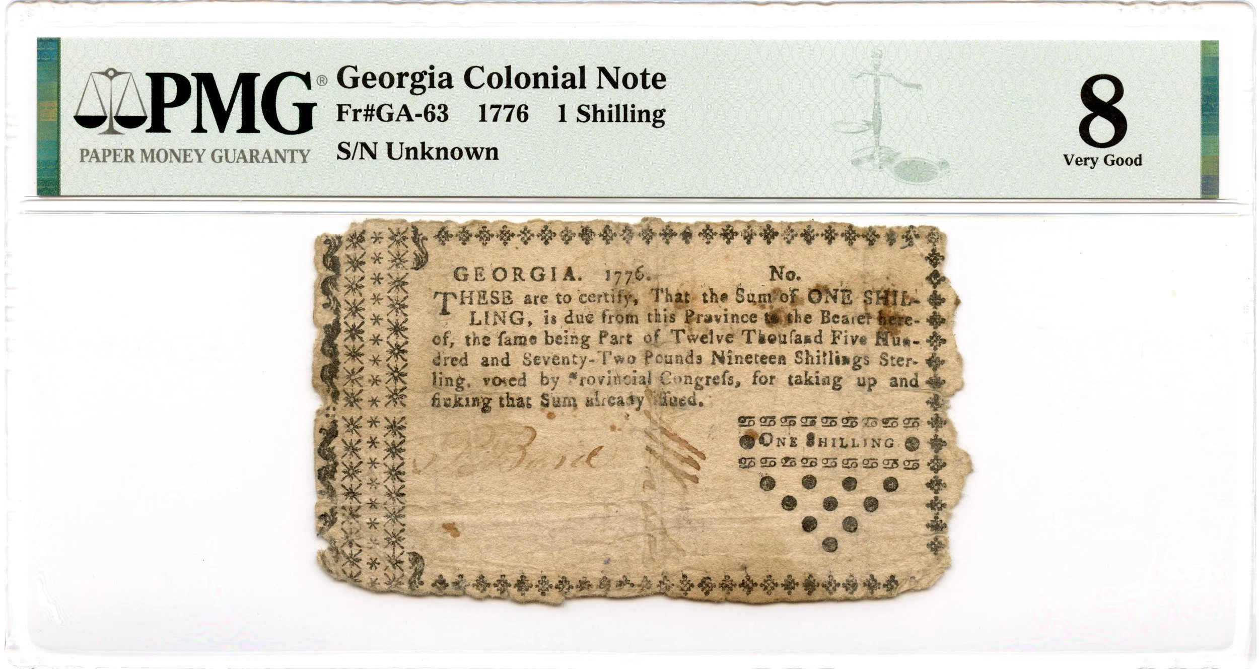 Georgia Colonial Note Fr#GA-63 1776 1 Shilling PMG VG-8
