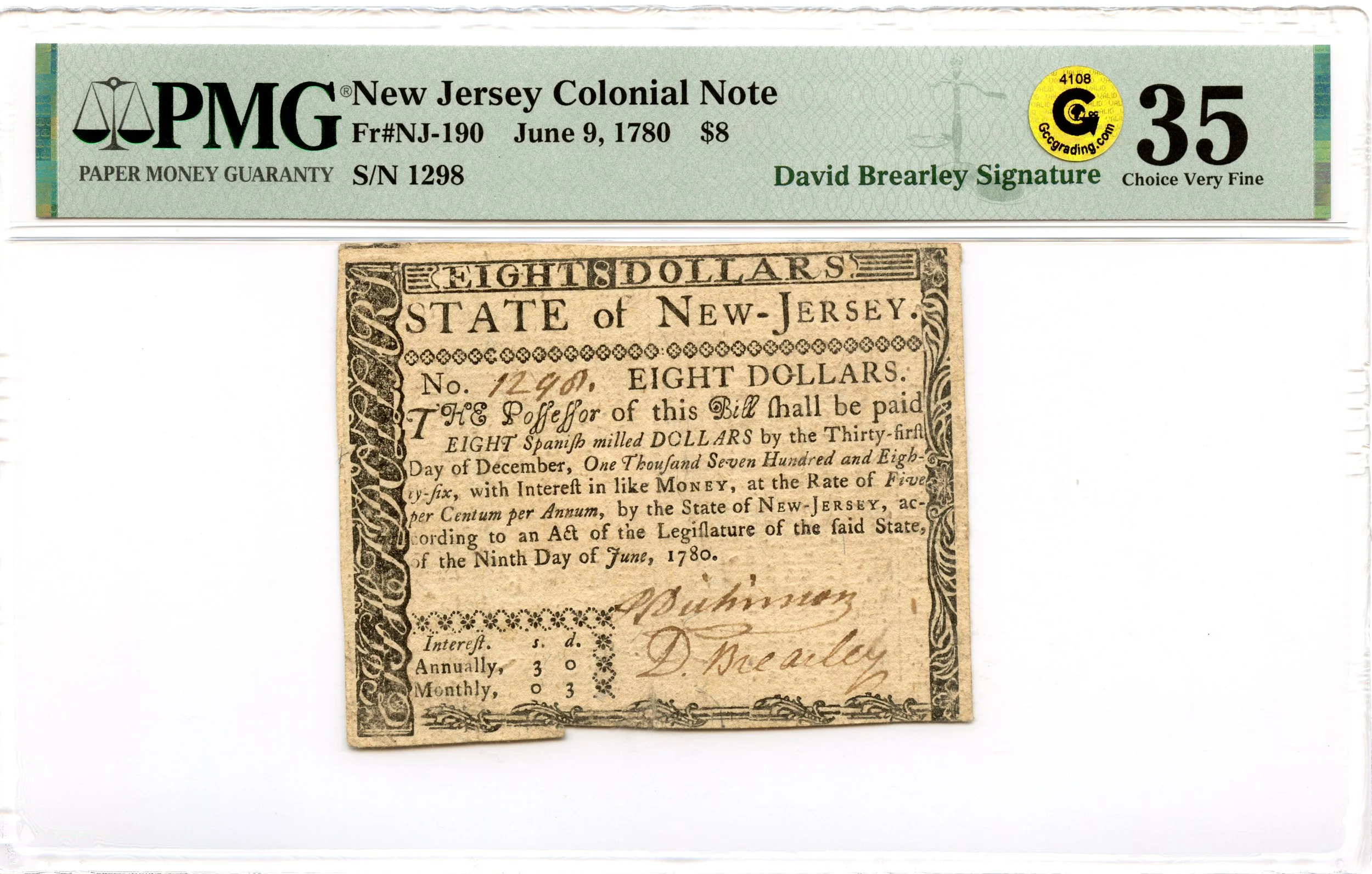 New Jersey Colonial Note Fr#NJ-190 June 9, 1780 $8 PMG VF-35 GCC Gold *David Brearley*
