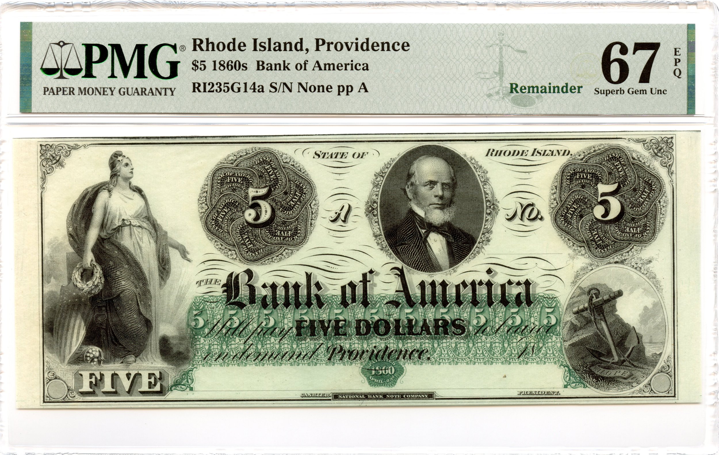 1860s $5 Providence, Rhode Island Obsolete Note Bank of America PMG Superb GEM 67 EPQ *TOP POP*