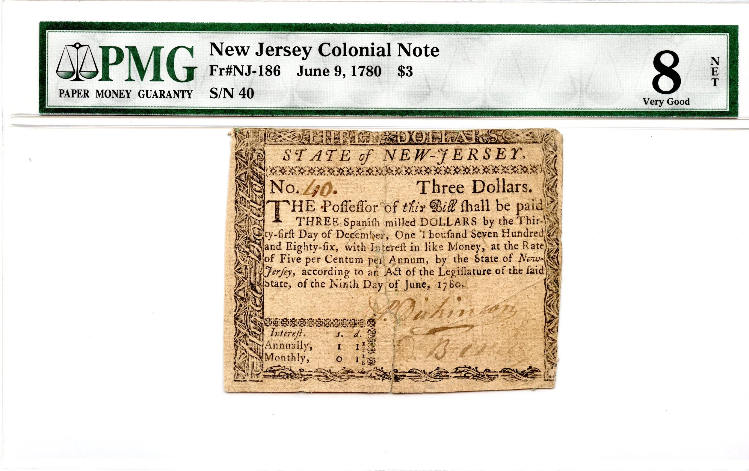 New Jersey Colonial Note Fr#NJ-186 June 9, 1780 $3 PMG F-8 *David Brearley Constitution*