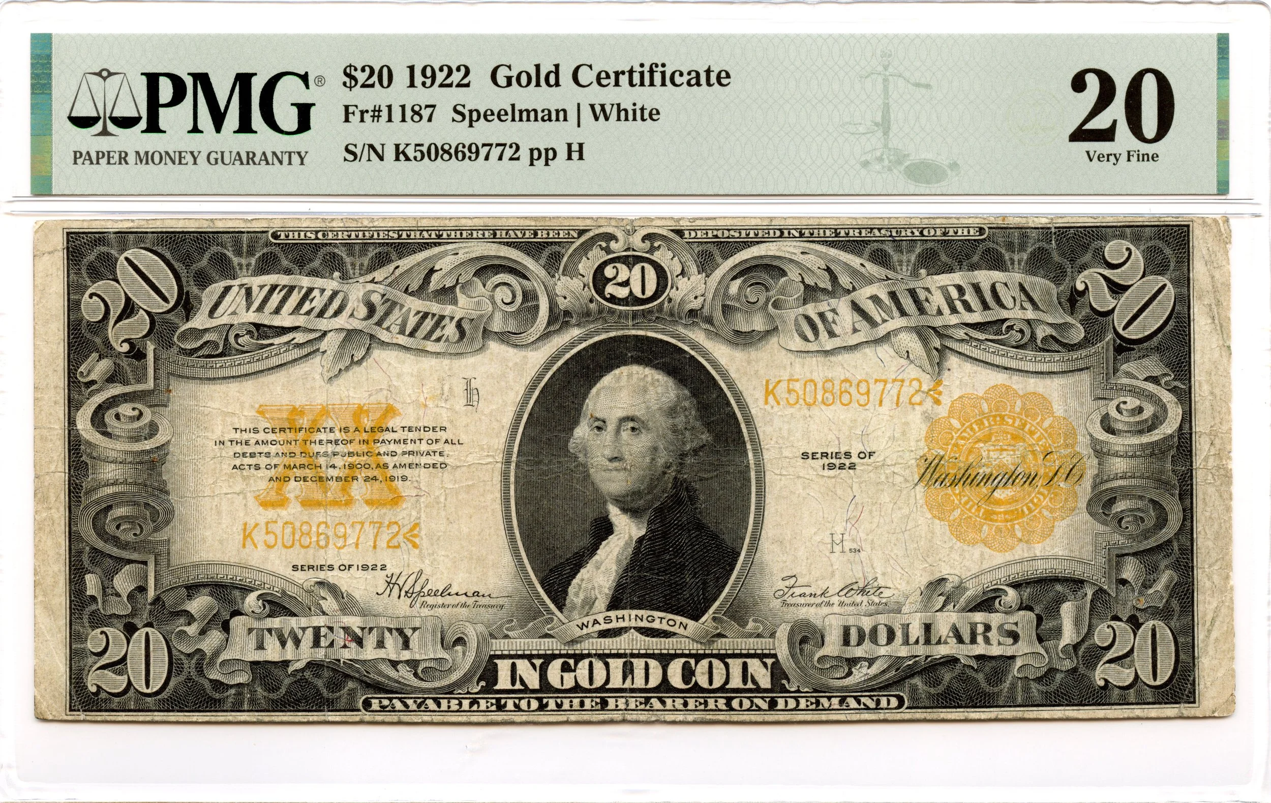 1922 $20 Gold Certificate Fr#1187 PMG VF-20