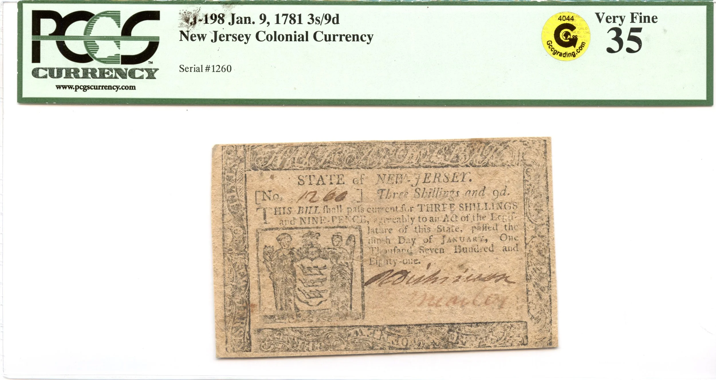 New Jersey Colonial Note Fr#NJ-198 January 9, 1781 3s9d PCGS VF-35 GCC Gold *David Brearley*