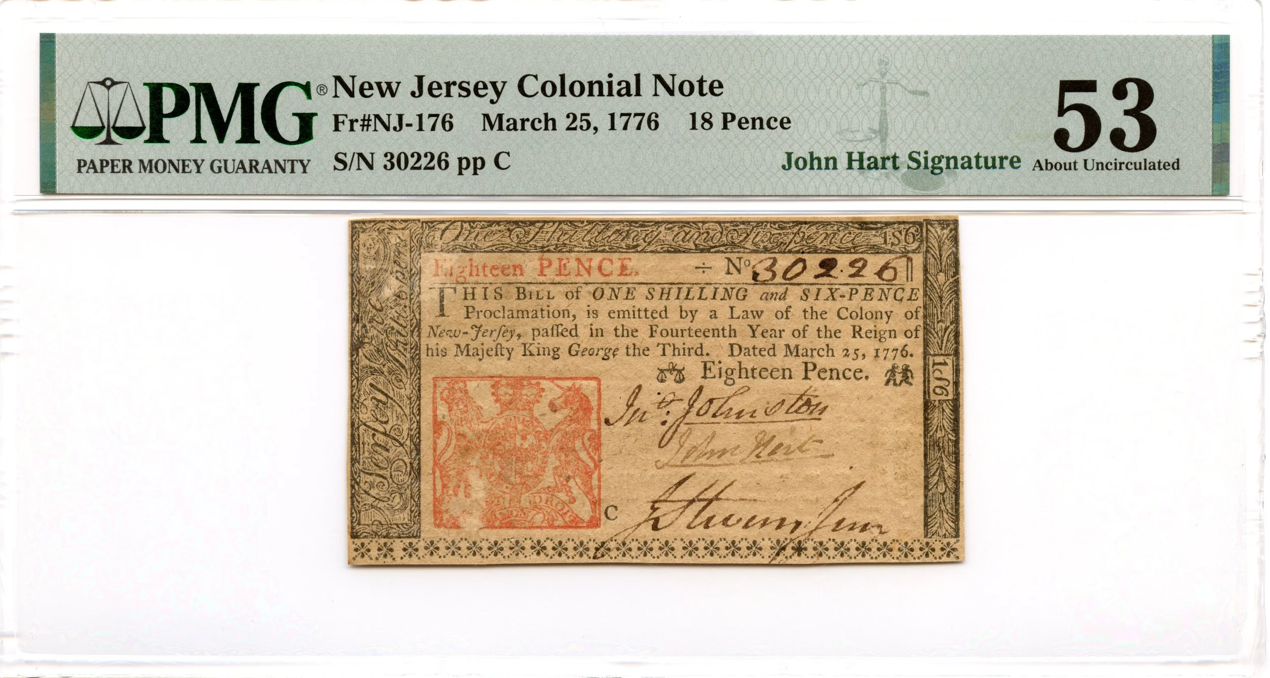 New Jersey Colonial Note Fr#NJ-176 March 25, 1776 18d PMG AU-53 *John Hart*