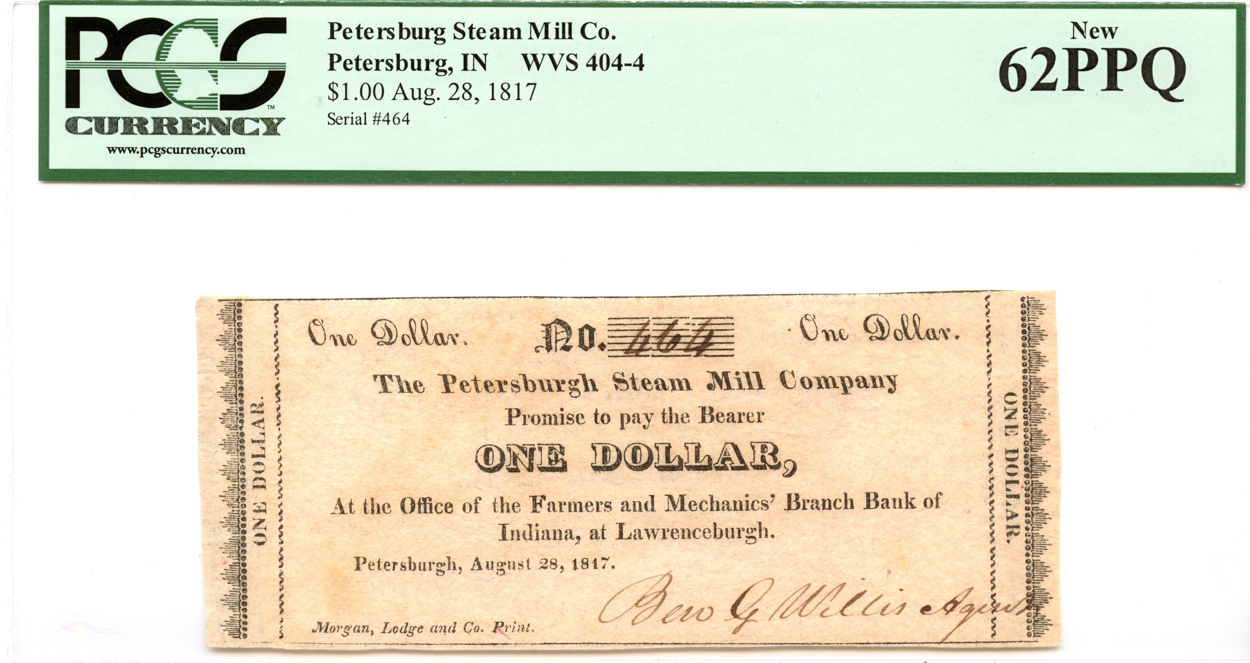 1817 $1 Petersburg, Indiana Obsolete Note Petersburg Steam Mill Co PCGS UNC-62 PPQ