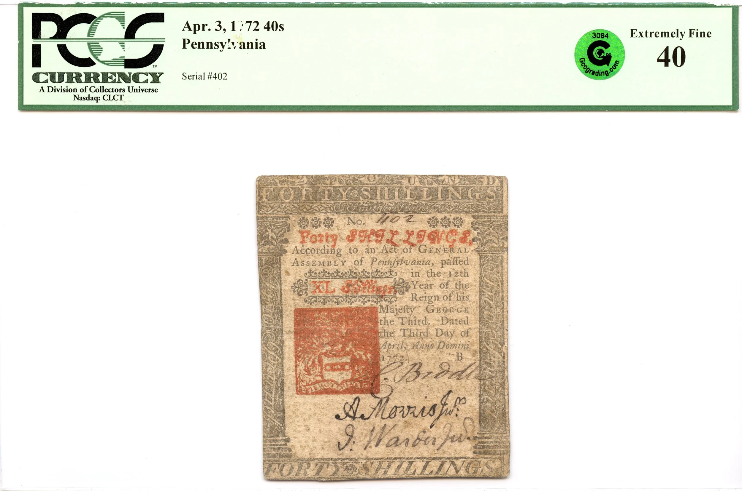 Pennsylvania Colonial Note Fr#PA-158 April 3, 1772 40s PCGS XF-40 GCC Green *Scarce*