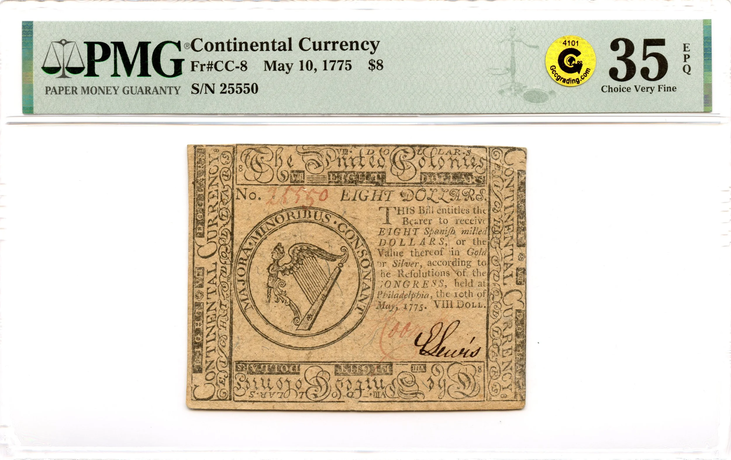 Continental Currency Fr#CC-8 May 10, 1775 $8 PMG VF-35 EPQ GCC Gold *First Issue*
