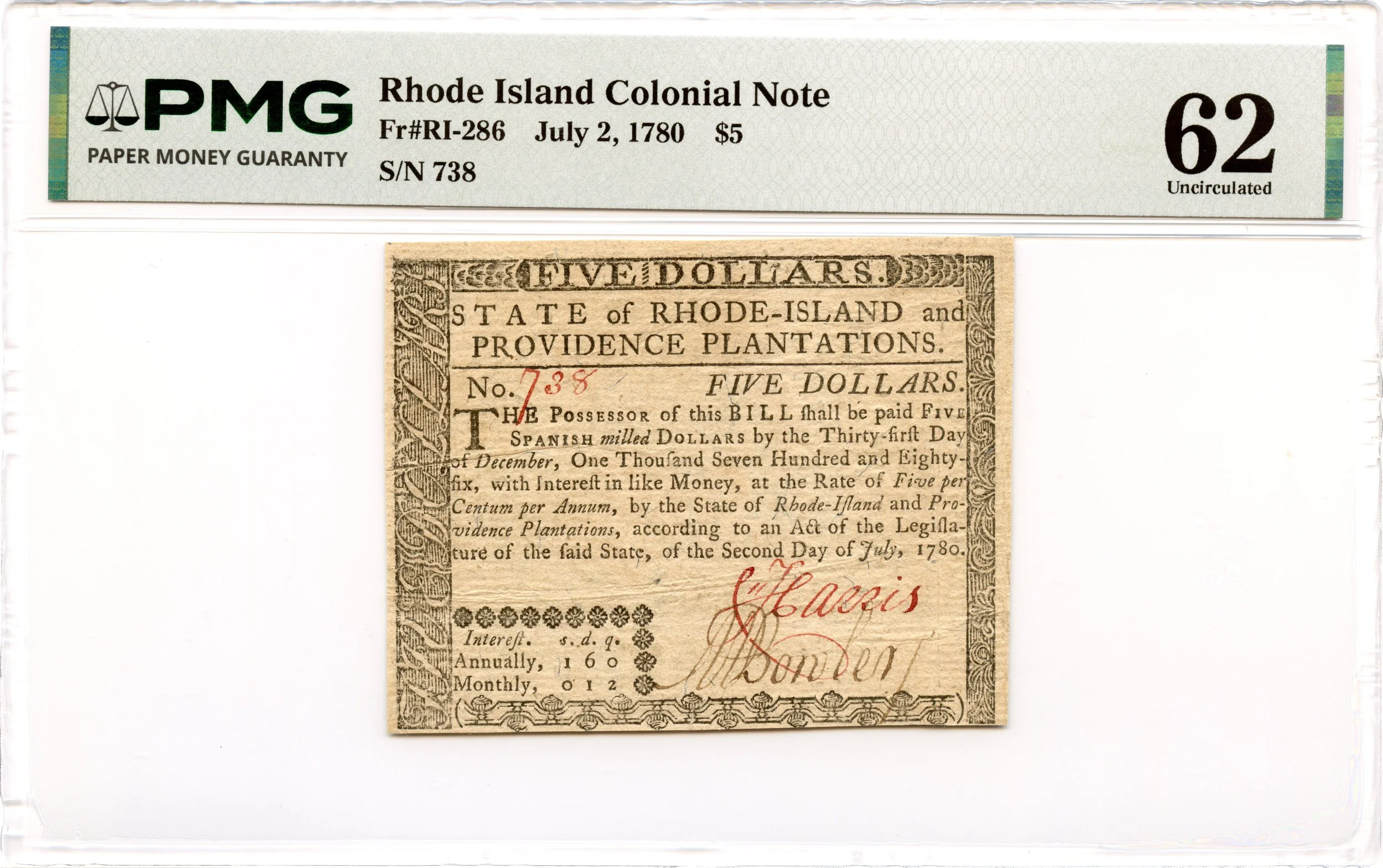 Rhode Island Colonial Note Fr#RI-286 July 2, 1780 $5 PMG UNC 62 *Fully Signed*