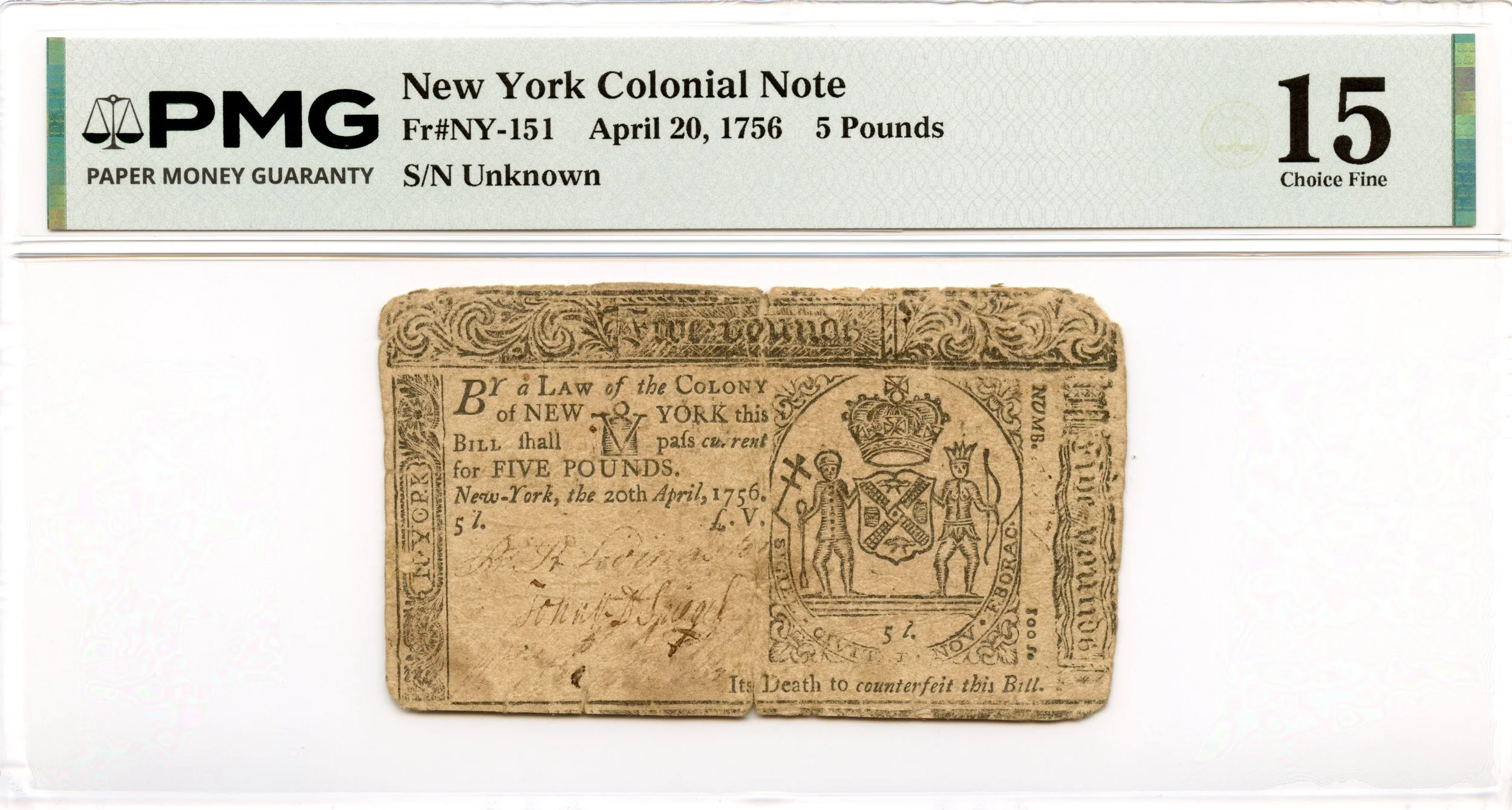 New York Colonial Note Fr#NY-151 April 20, 1756 5 Pound PMG F-15