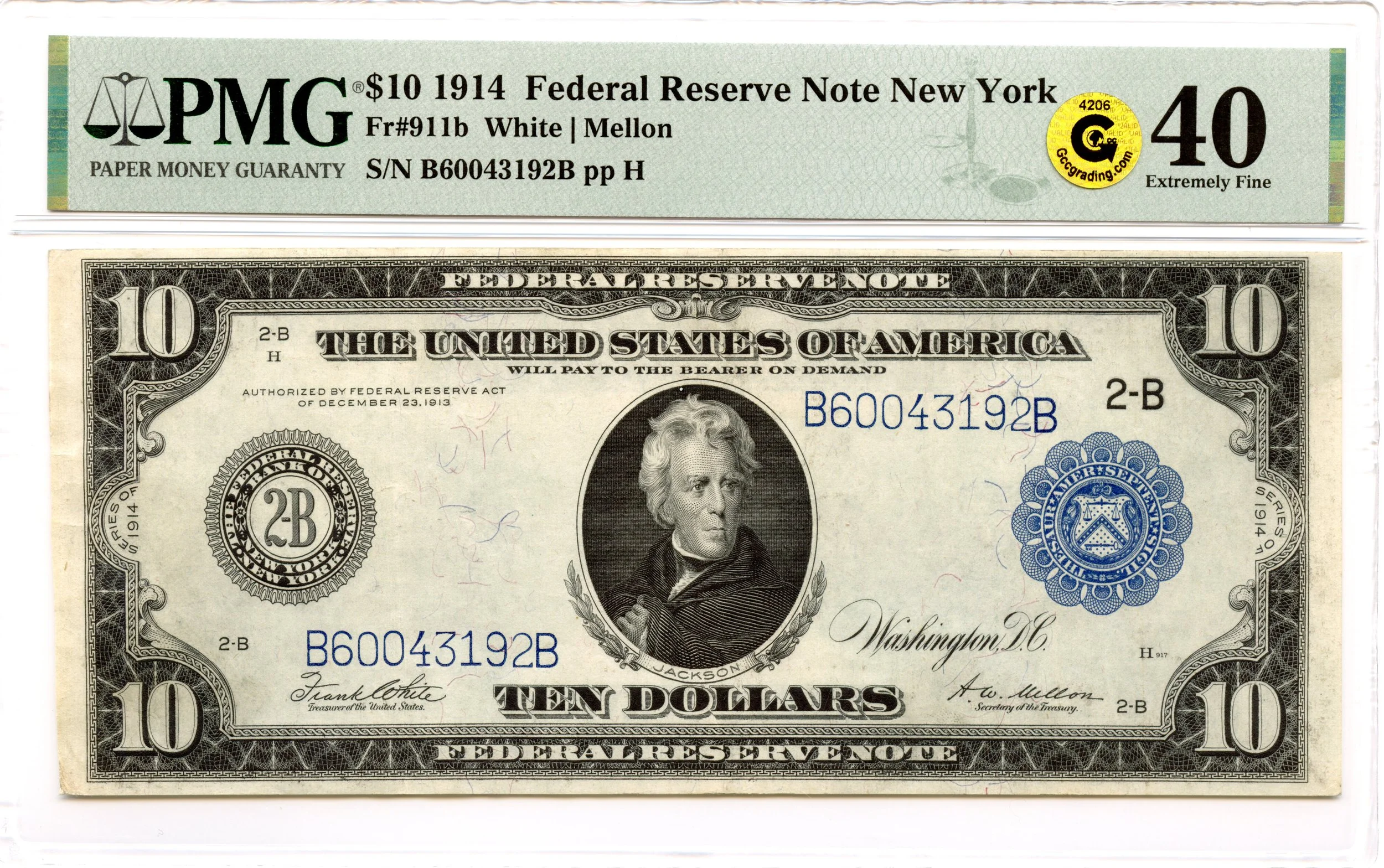 1914 $10 Federal Reserve Note New York Fr#911b PMG XF-40 GCC Gold