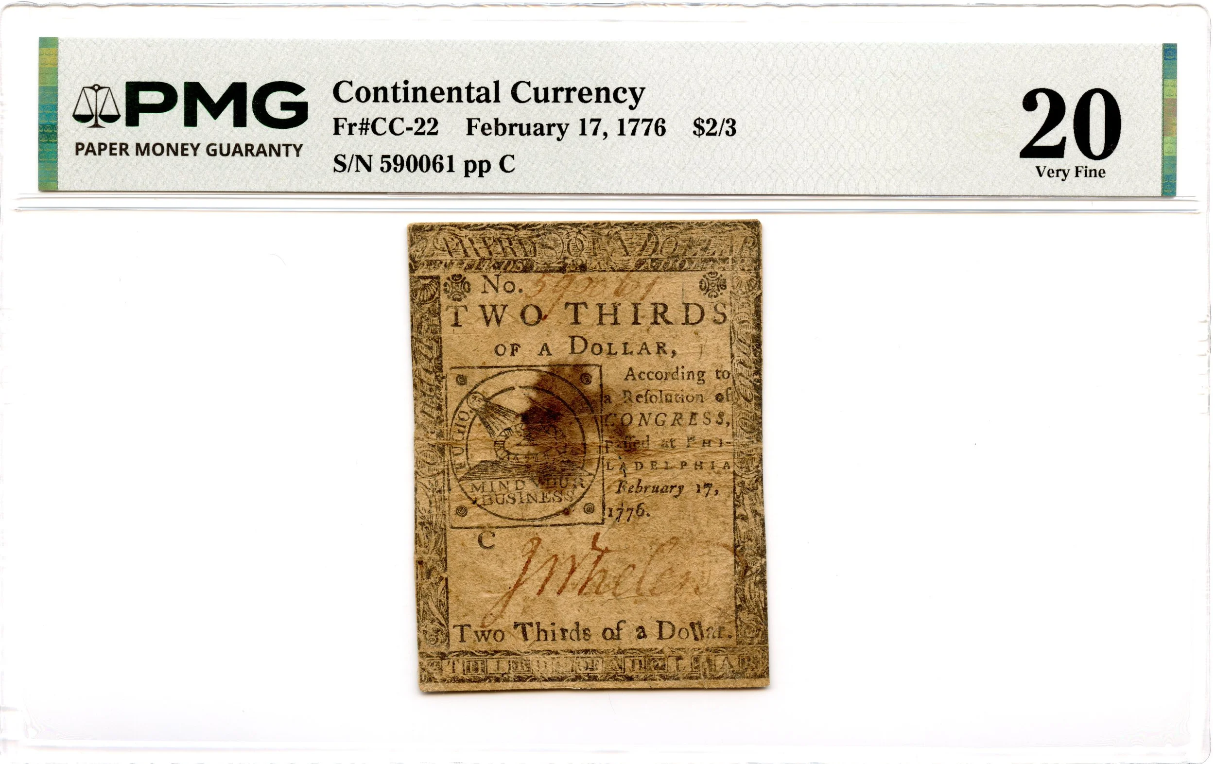 Continental Currency Fr#CC-22 February 17, 1776 $2/3 PMG VF-20 *Fugio Note*