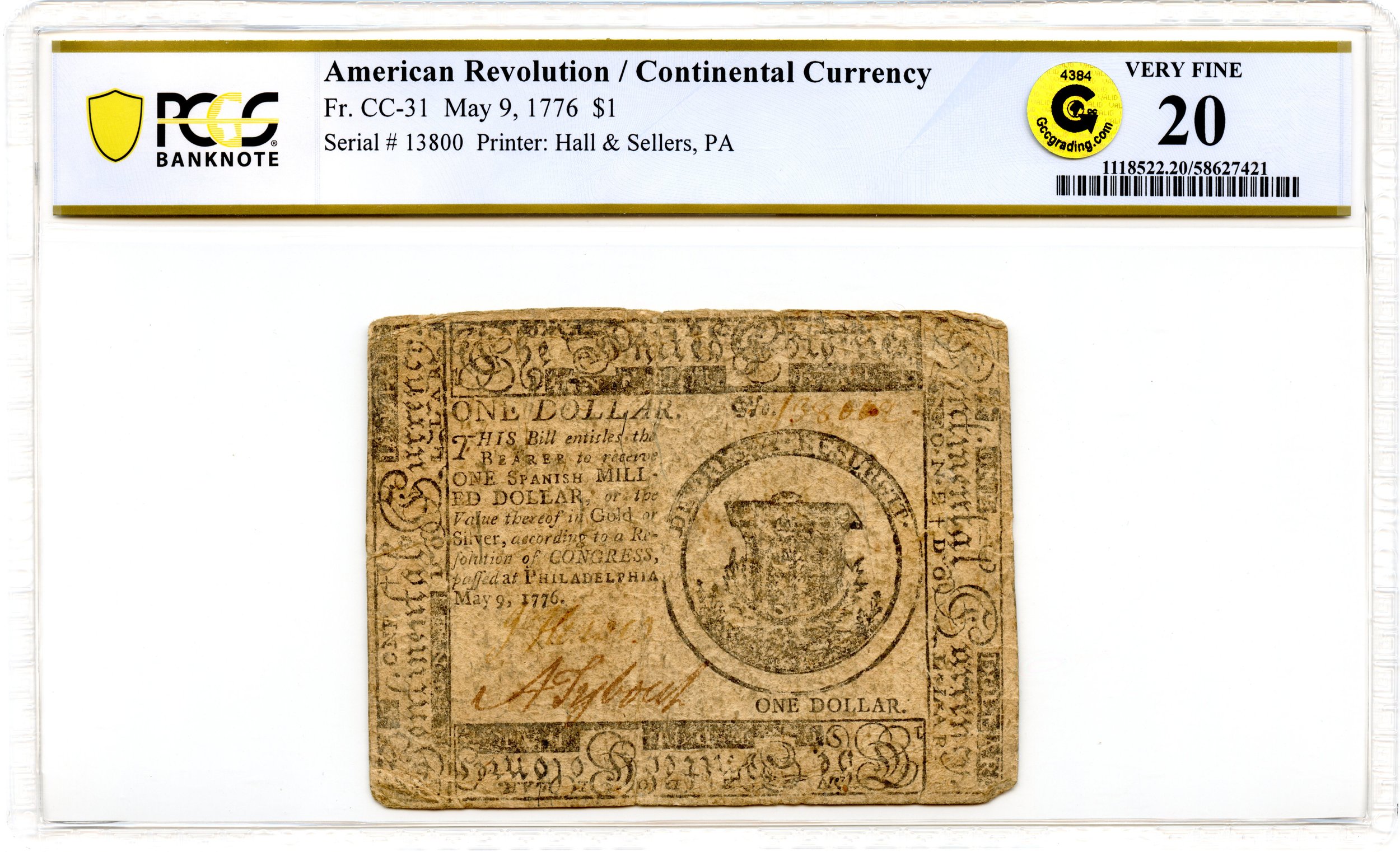 Continental Currency Fr#CC-31 May 9, 1776 $1 PCGS VF-20 GCC Gold