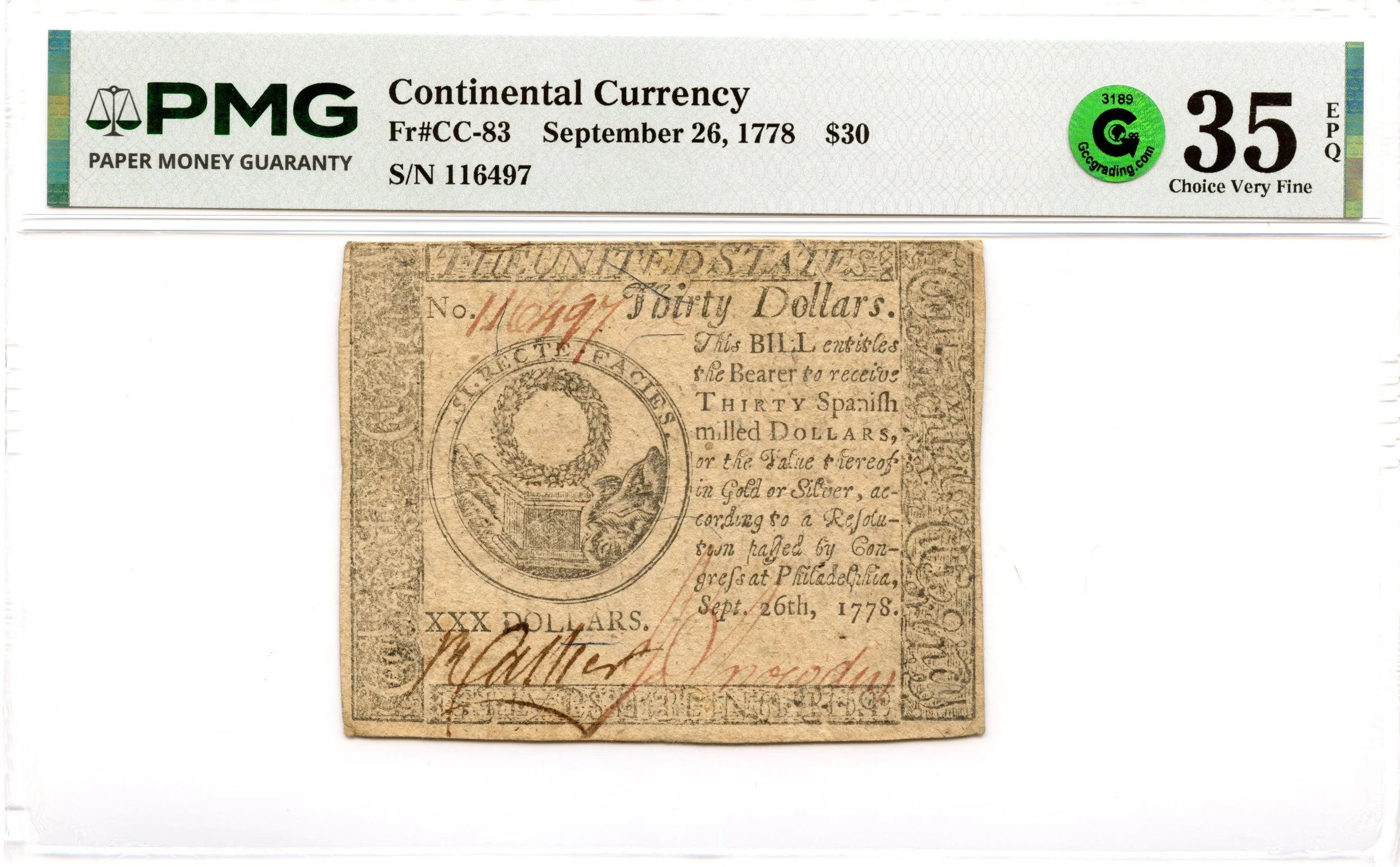 Continental Currency Fr#CC-83 September 26, 1778 $30 PMG VF-35 EPQ GCC Green