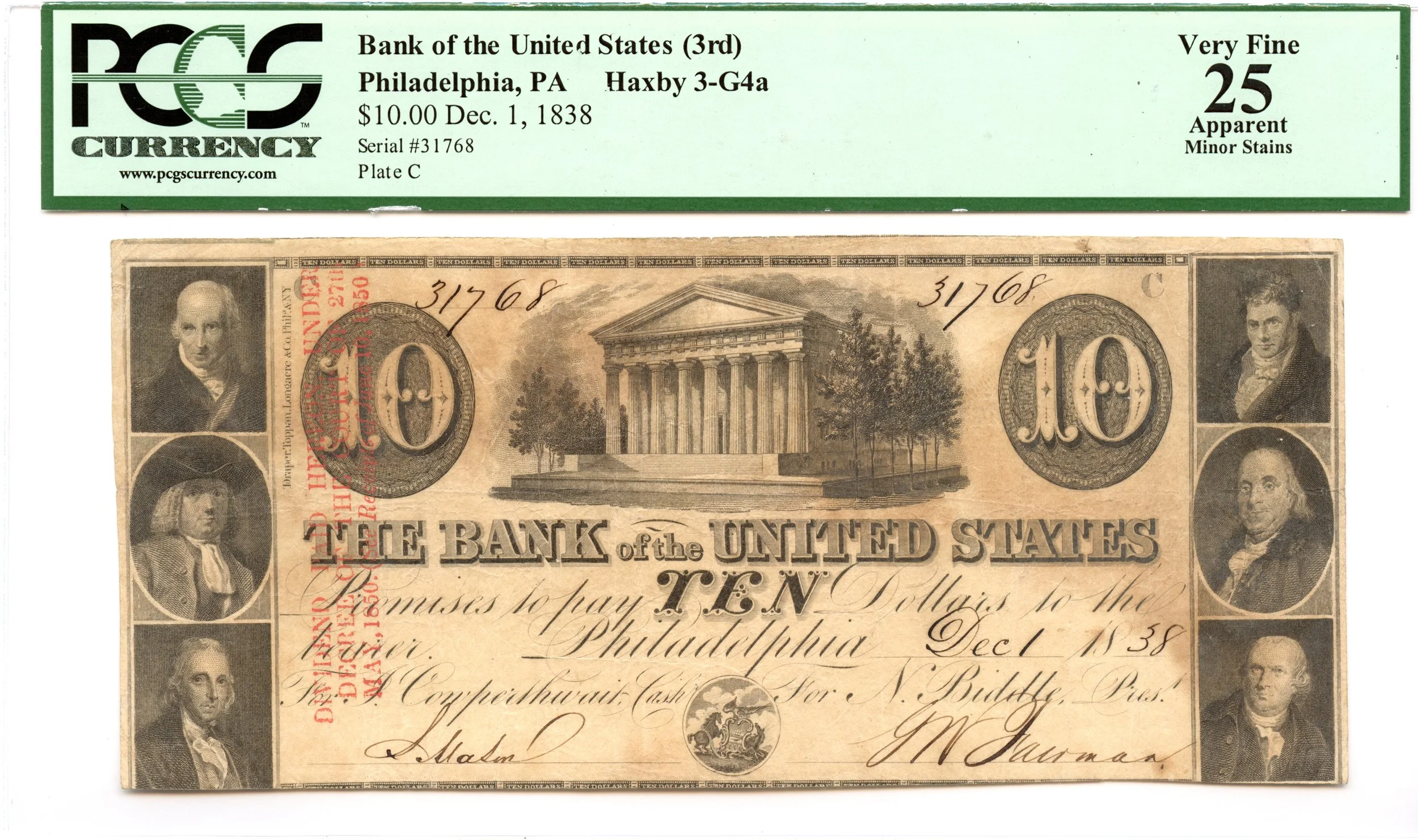 1838 $10 Philadelphia, Pennsylvania Obsolete Note Bank of United States PCGS VF-25