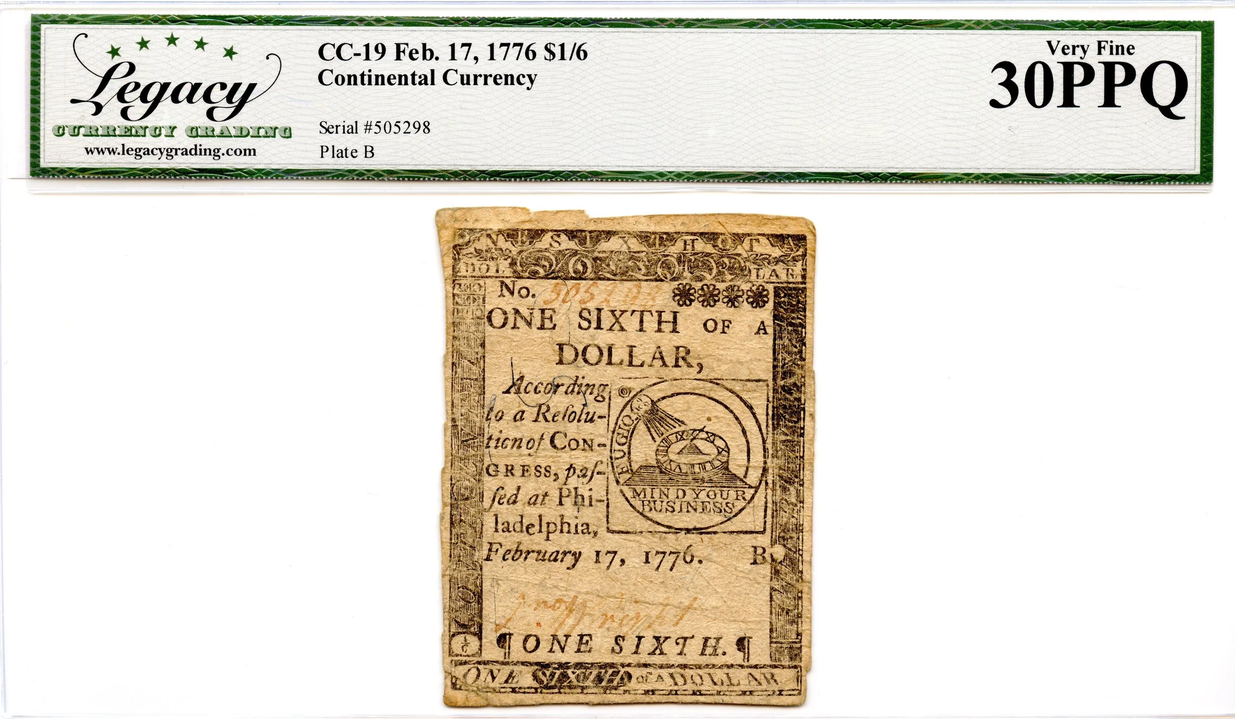 Continental Currency Fr#CC-19 February 17, 1776 $1/6 Legacy VF-30 PPQ *Fugio Note*