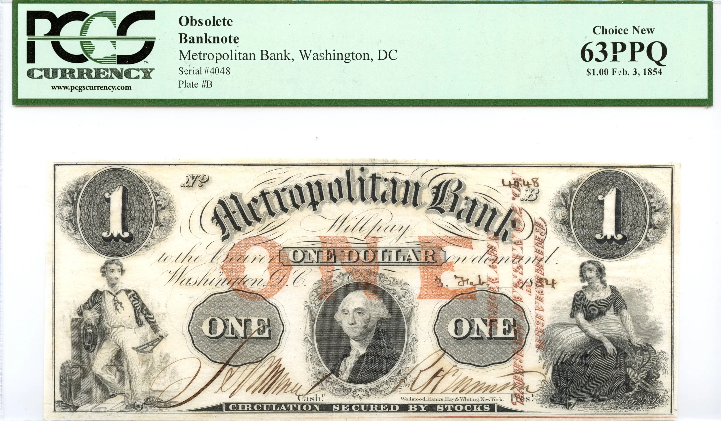 1854 $1 Washington, DC Obsolete Note Metropolitan Bank PCGS CU-63 PPQ