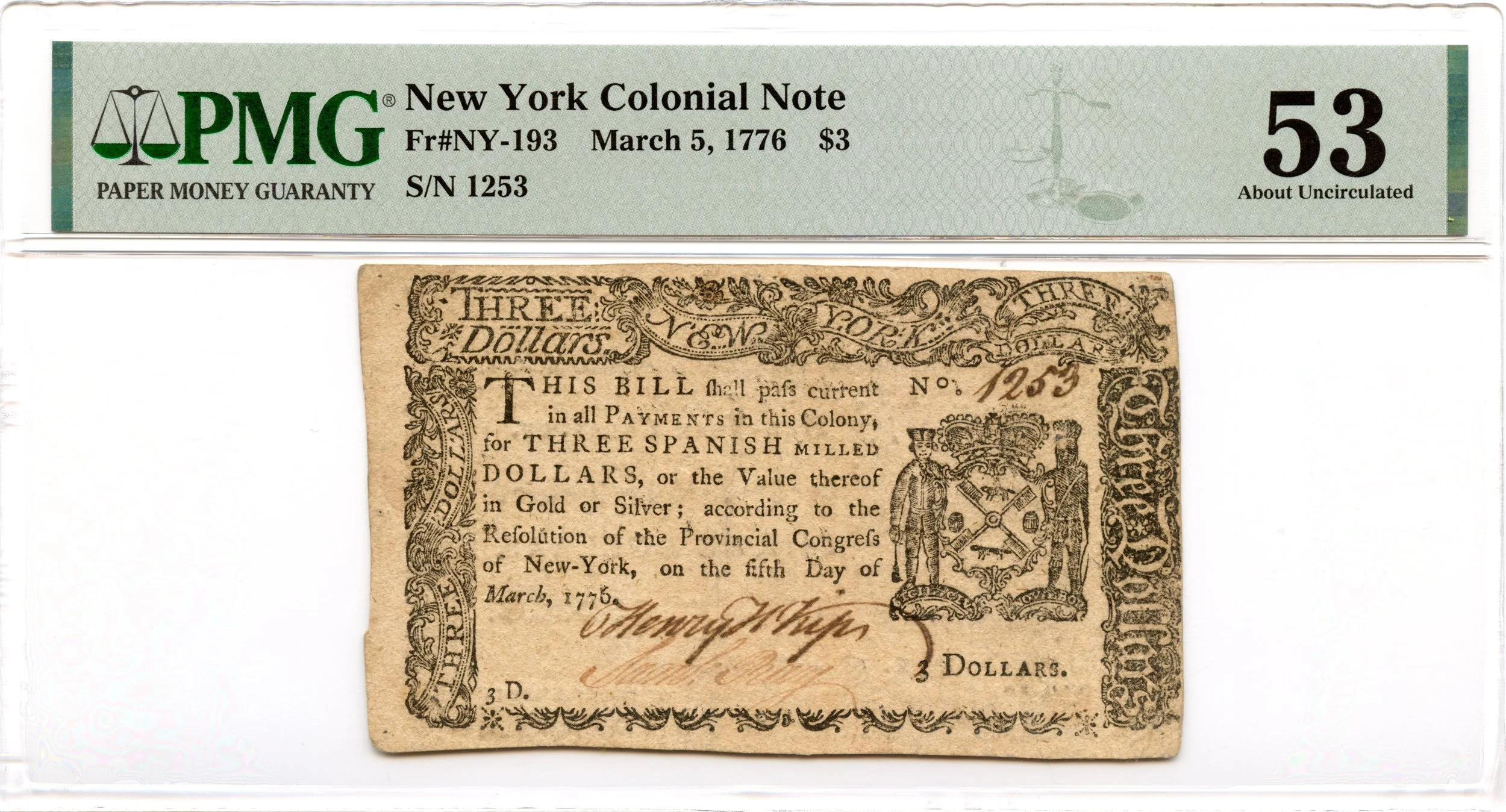 New York Colonial Note Fr#NY-193 March 5, 1776 $3 PMG AU-53 *12 Known*