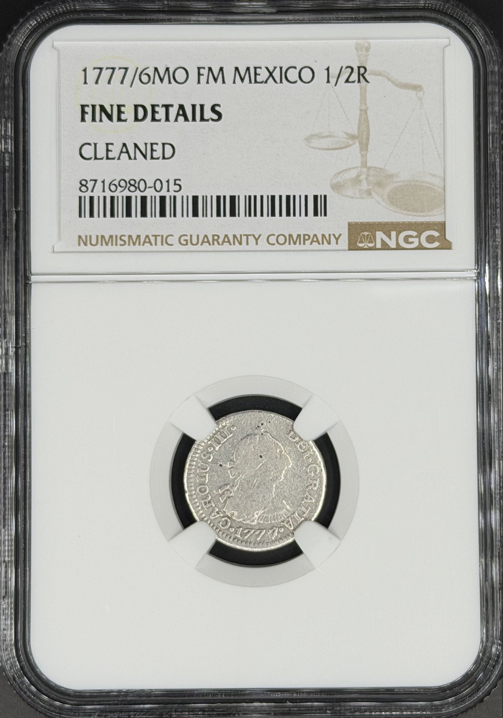 1777/6 Mo-FM 1/2 Real Spanish Colonial Mexico NGC F *U.S. Legal Tender*