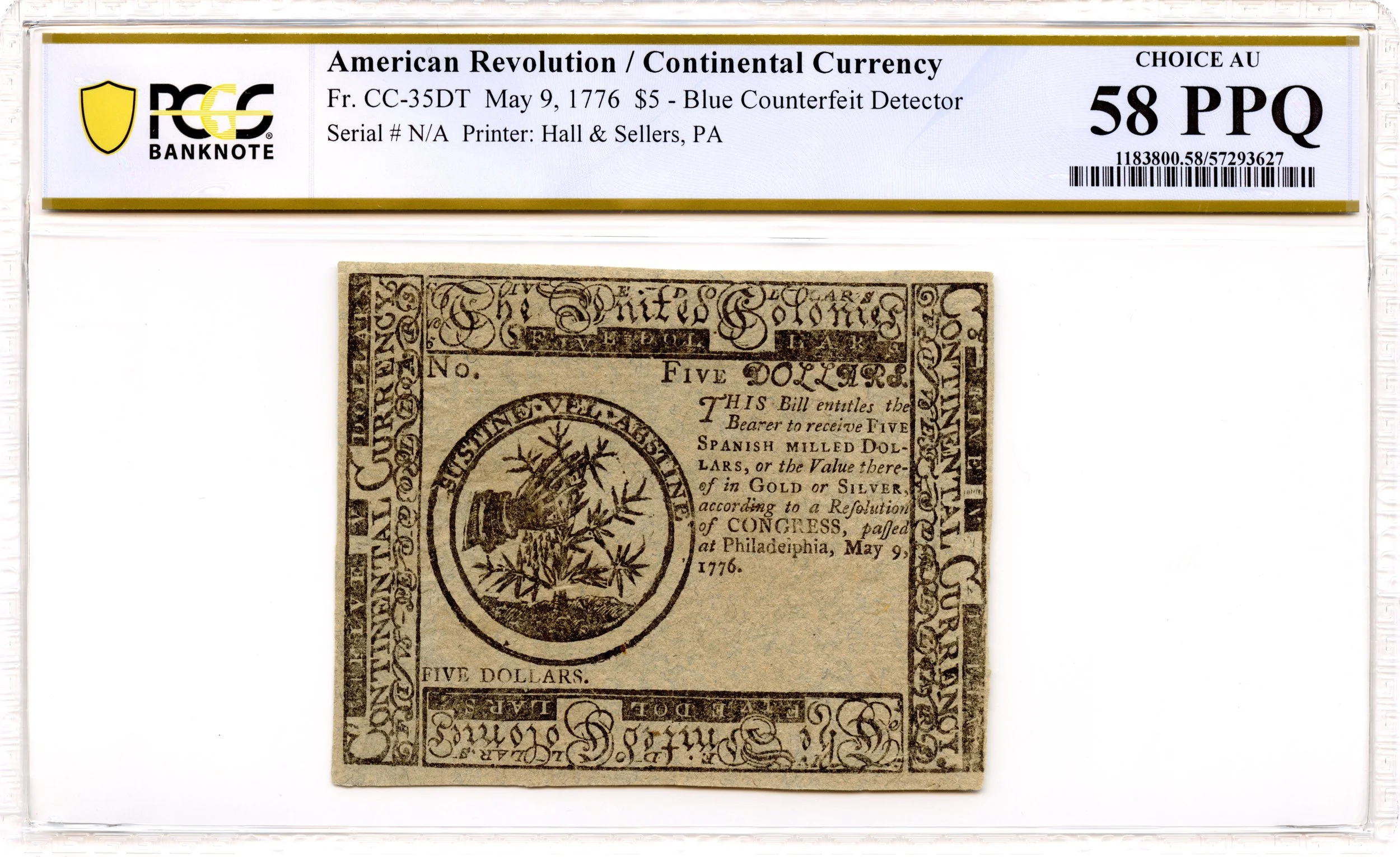 Continental Currency Fr#CC-35DT May 9, 1776 $5 PCGS AU-58 PPQ *Blue Detector*