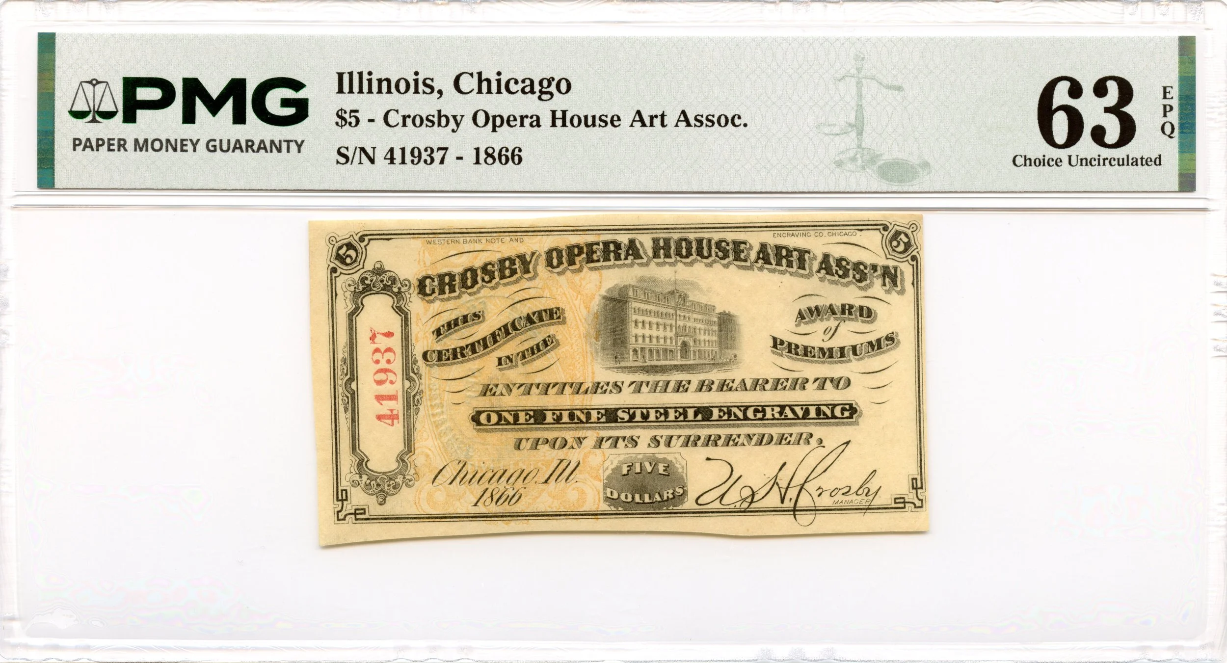 1866 $5 Chicago, Illinois Obsolete Note Crosby Opera House PMG CU-63 EPQ