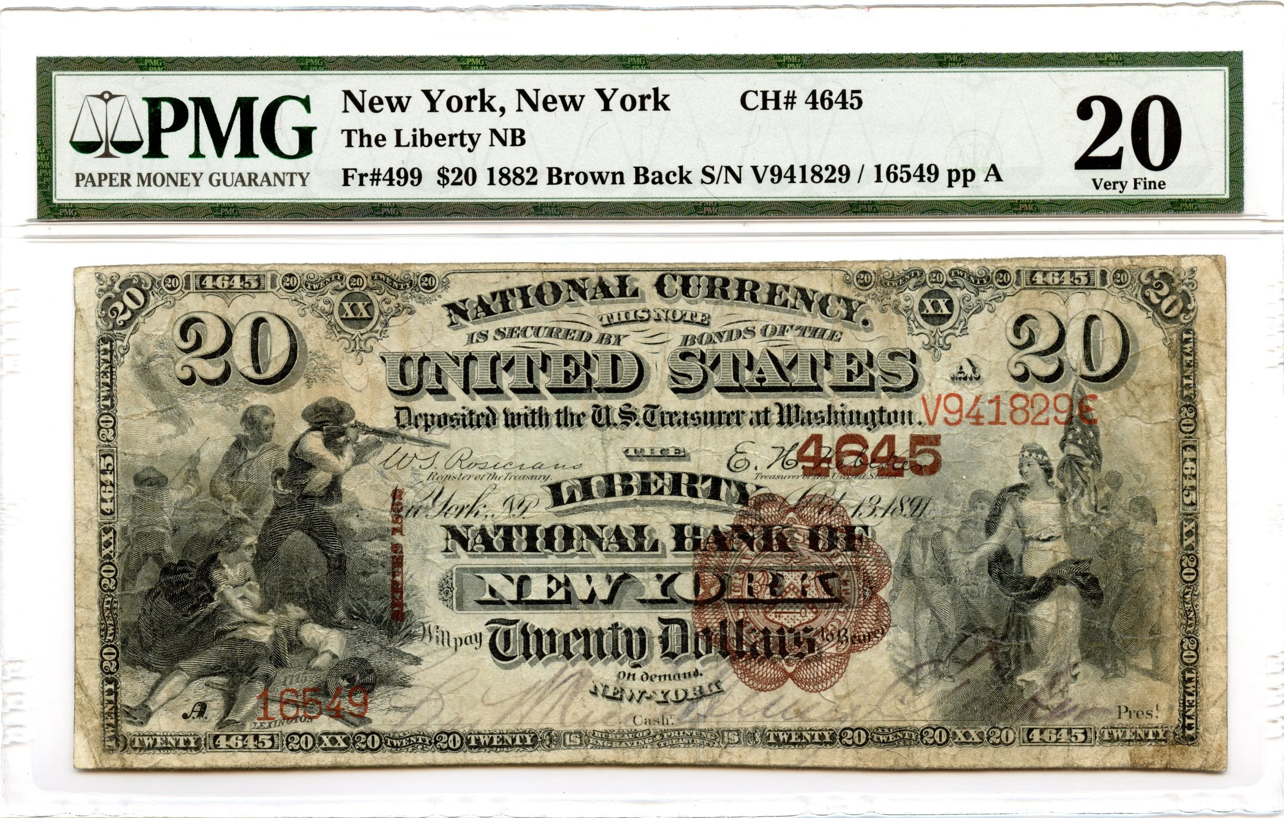 1882 $20 National Brown Back Fr#499 Liberty NB New York CH#4645 PMG VF-20