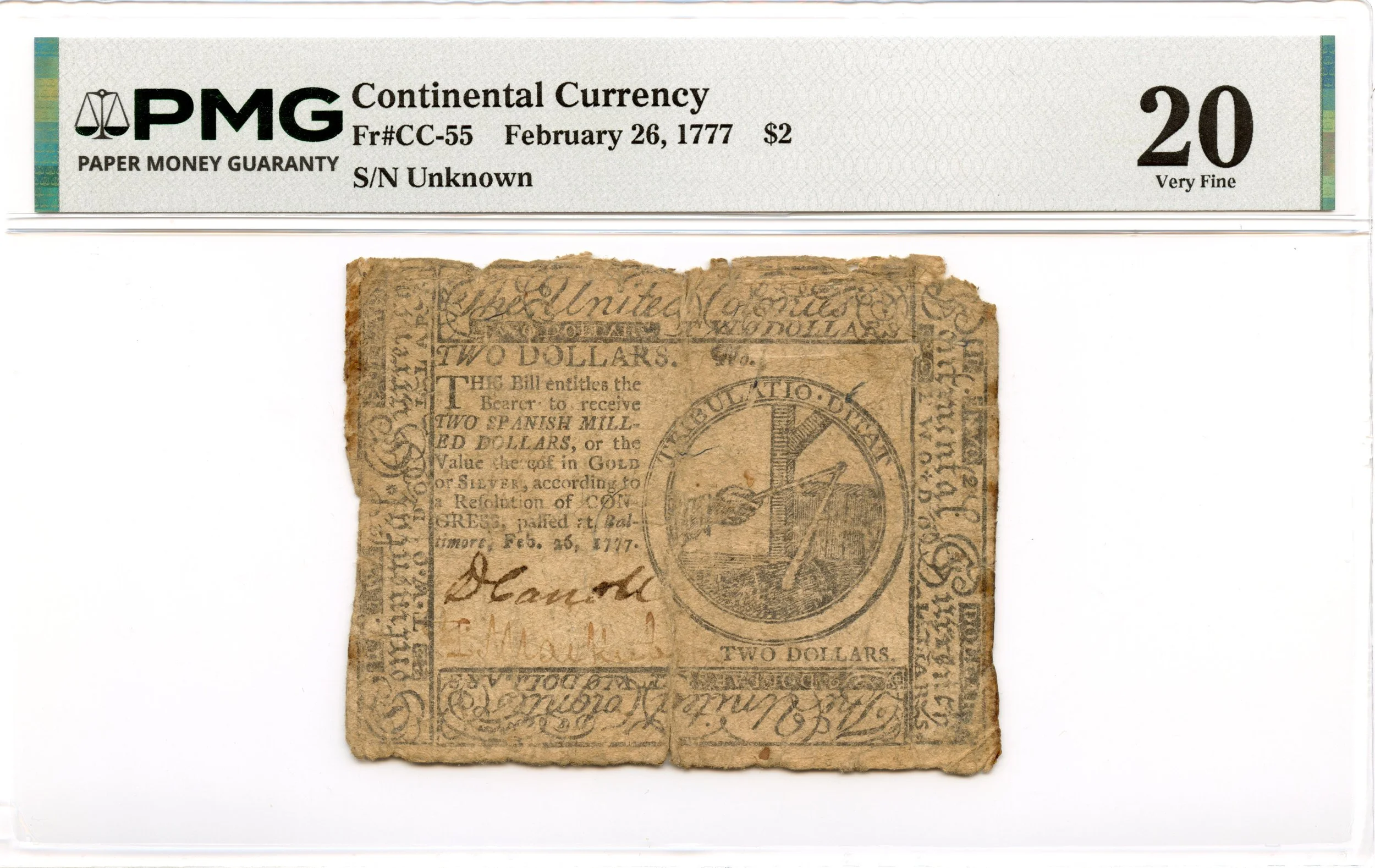 Continental Currency Fr#CC-55 February 26, 1777 $2 PMG VF-20 *Daniel Carroll Constitution*