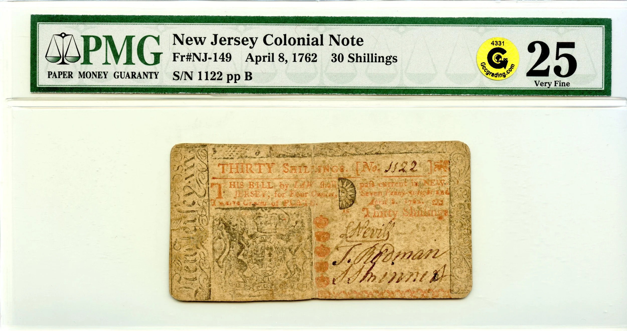 New Jersey Colonial Note Fr#NJ-149 April 8, 1762 30s PMG VF-25 GCC Gold