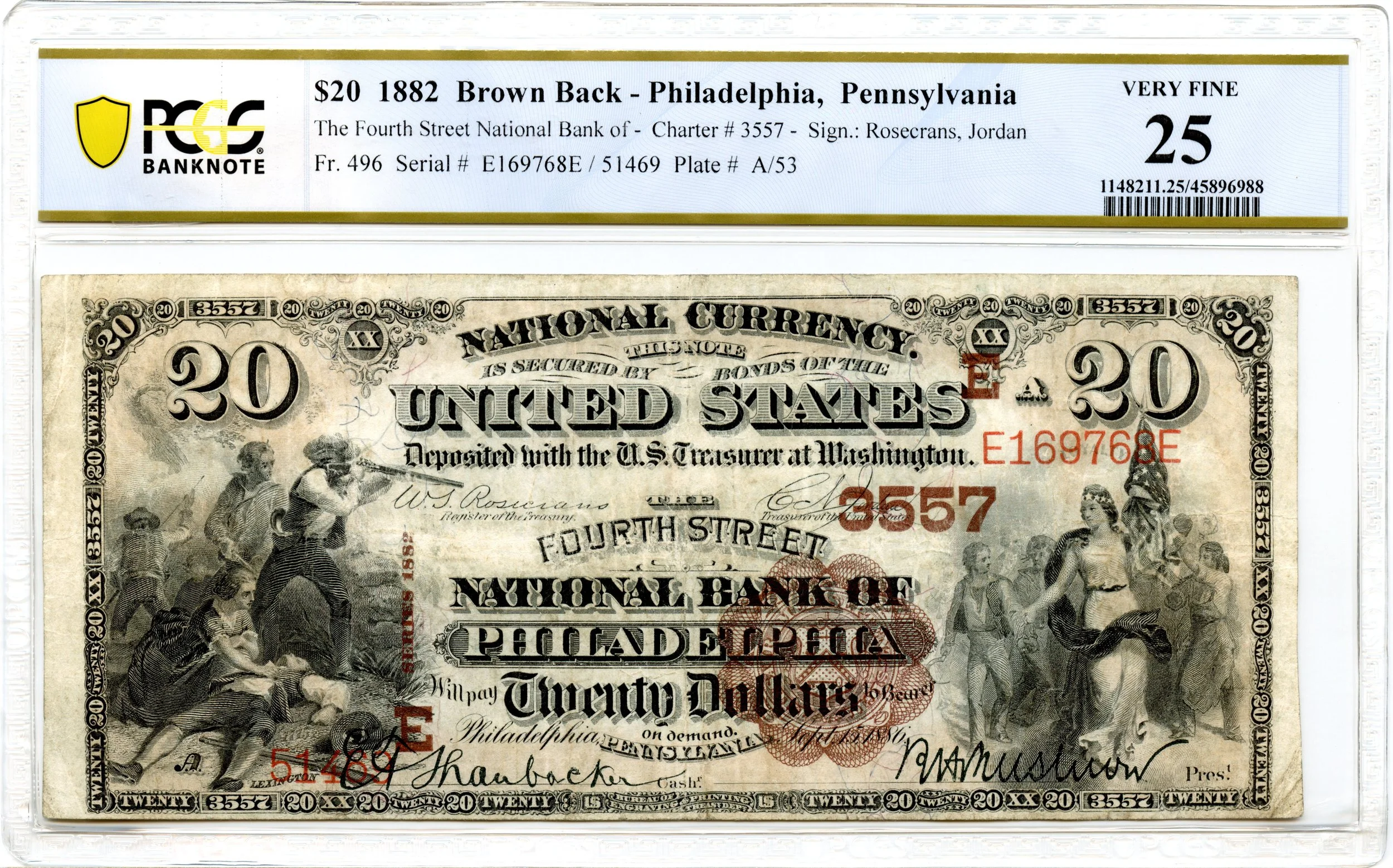 1882 $20 National Brown Back Fr#496 4th Street NB Philadelphia, Pennsylvania CH#3557 PCGS VF-25