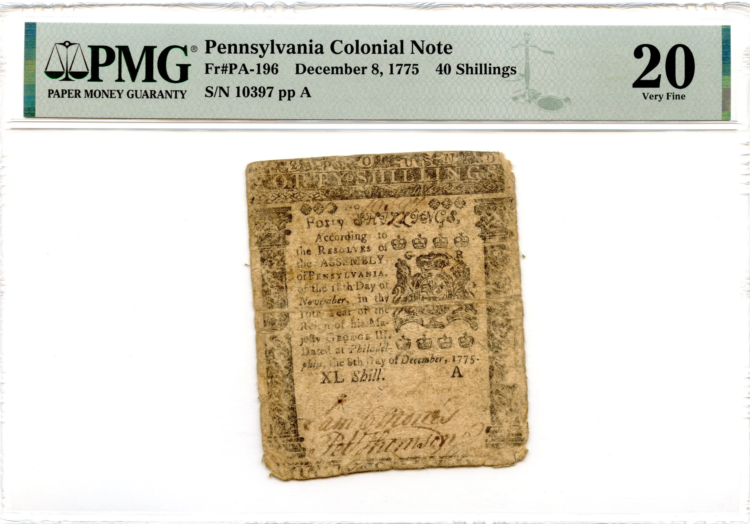 Pennsylvania Colonial Note Fr#PA-196 December 8, 1775 40s PMG VF-20
