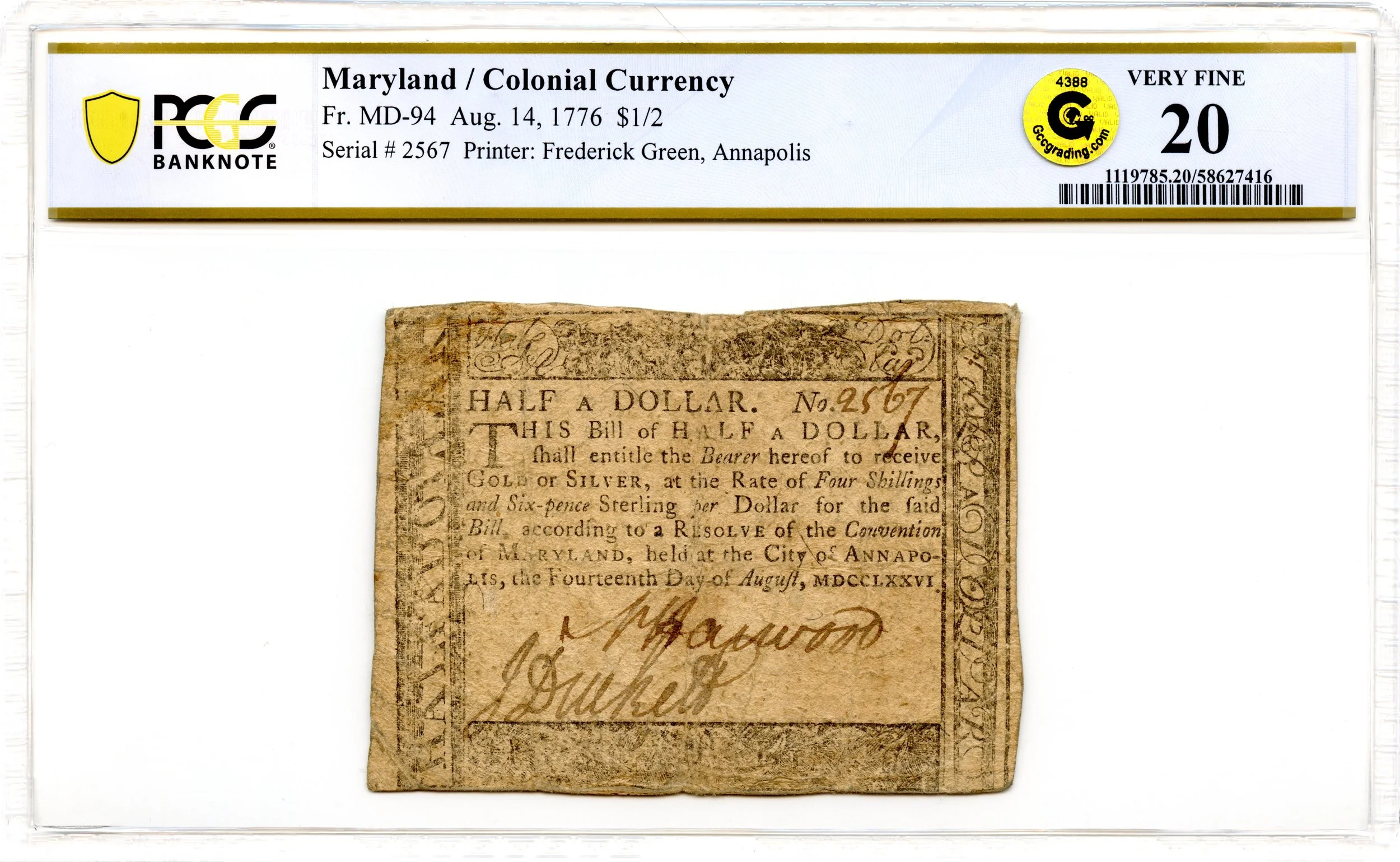 Maryland Colonial Note Fr#MD-94 August 14, 1776 $1/2 PCGS VF-20 GCC Gold