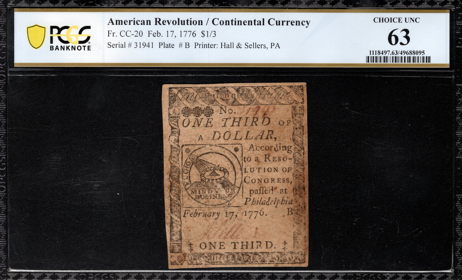 Continental Currency Fr#CC-20 February 17, 1776 $1/3 PCGS 63 *Fugio Note*