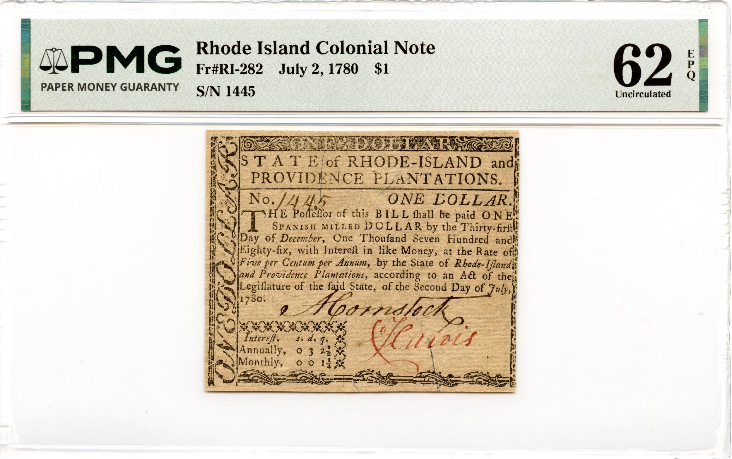 Rhode Island Colonial Note Fr#RI-282 July 2, 1780 $1 PMG UNC-62 EPQ