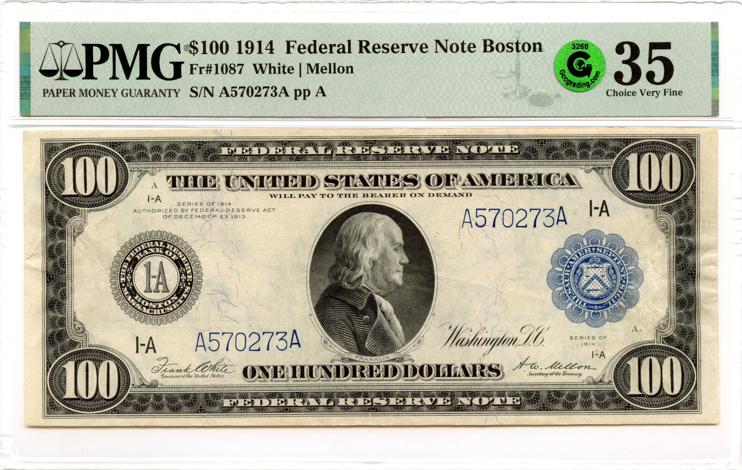1914 $100 Federal Reserve Note Boston Fr#1087 PMG VF-35 GCC Green *Exceptional*