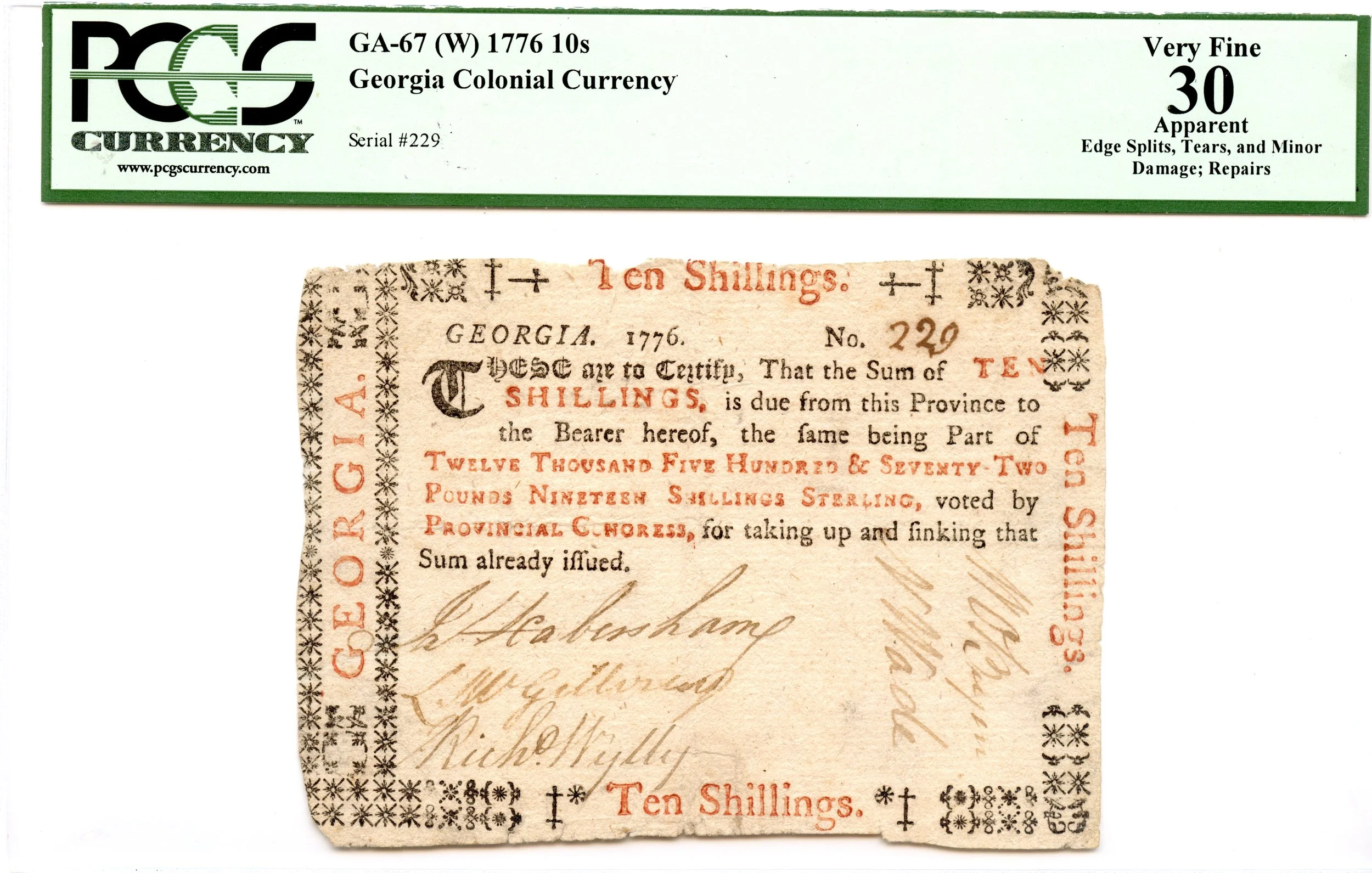 Georgia Colonial Note Fr#GA-67 (W) 1776 10s PCGS VF-30 *13 Known*