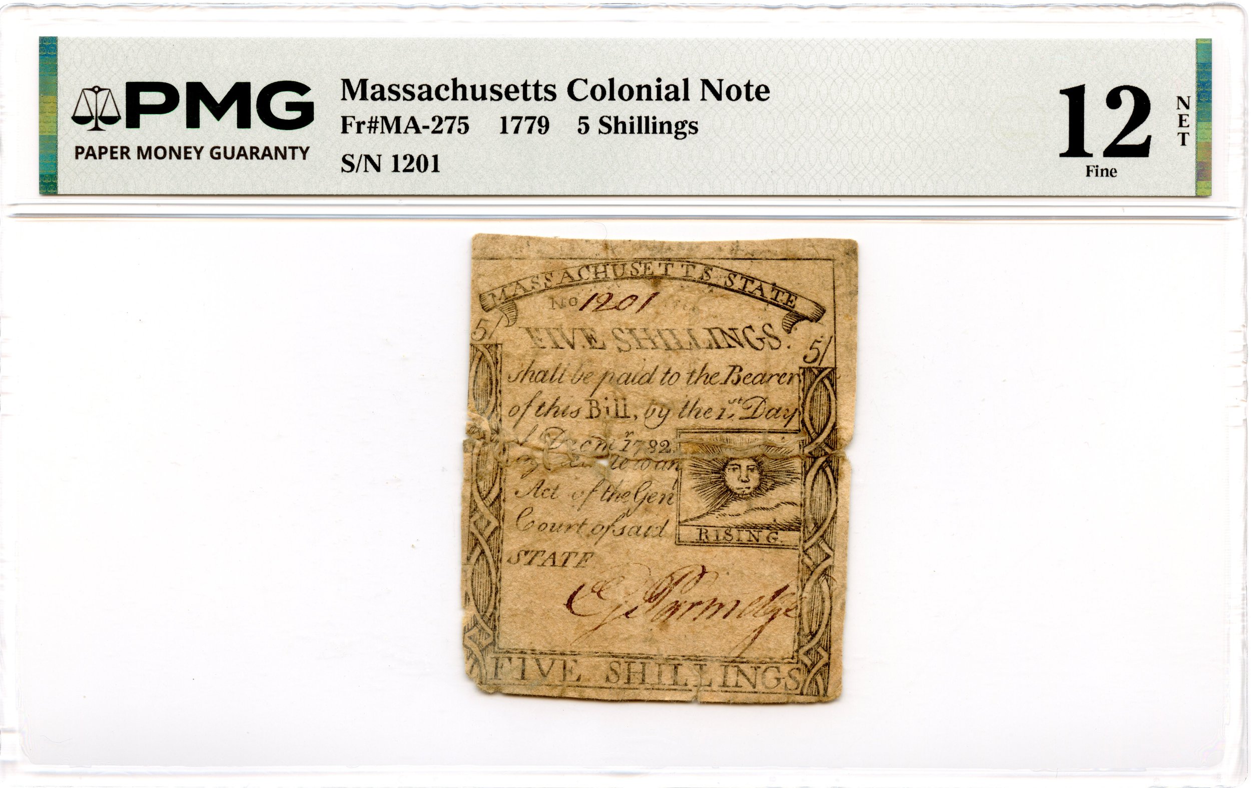 Massachusetts Colonial Note Fr#MA-275 1779 5s PMG F-12 *Paul Revere Sun*