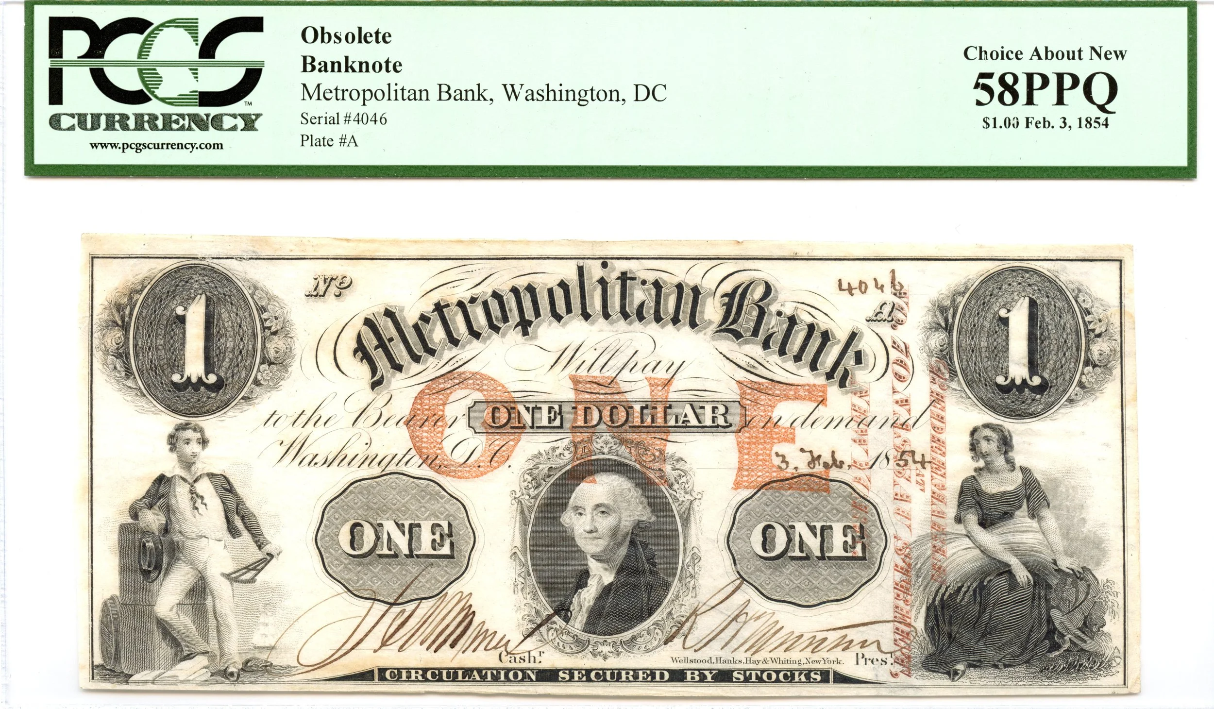 1854 $1 Washington, DC Obsolete Note Metropolitan Bank PCGS AU-58 PPQ