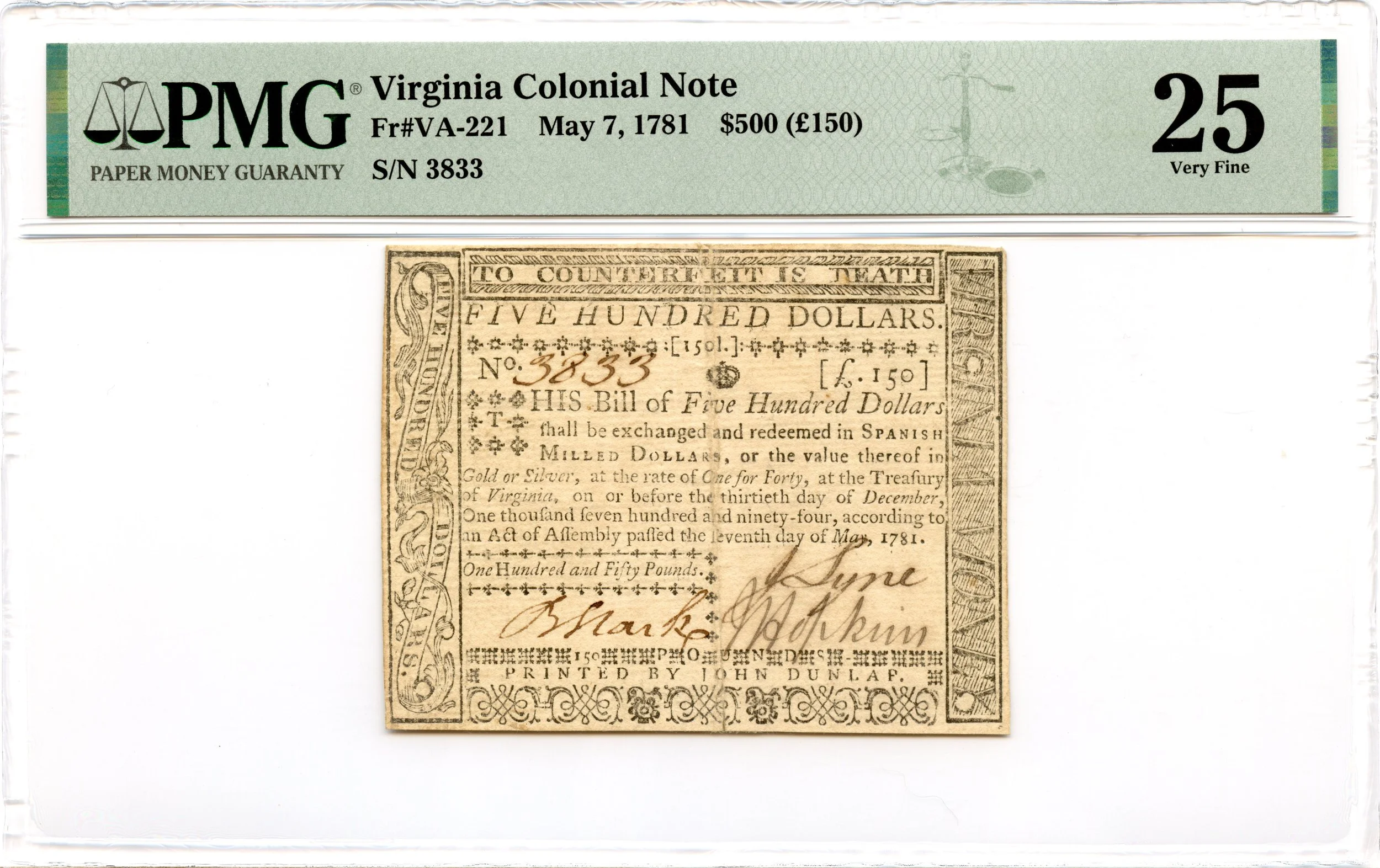 Virginia Colonial Note Fr#VA-221 May 7, 1781 $500 PMG VF-25