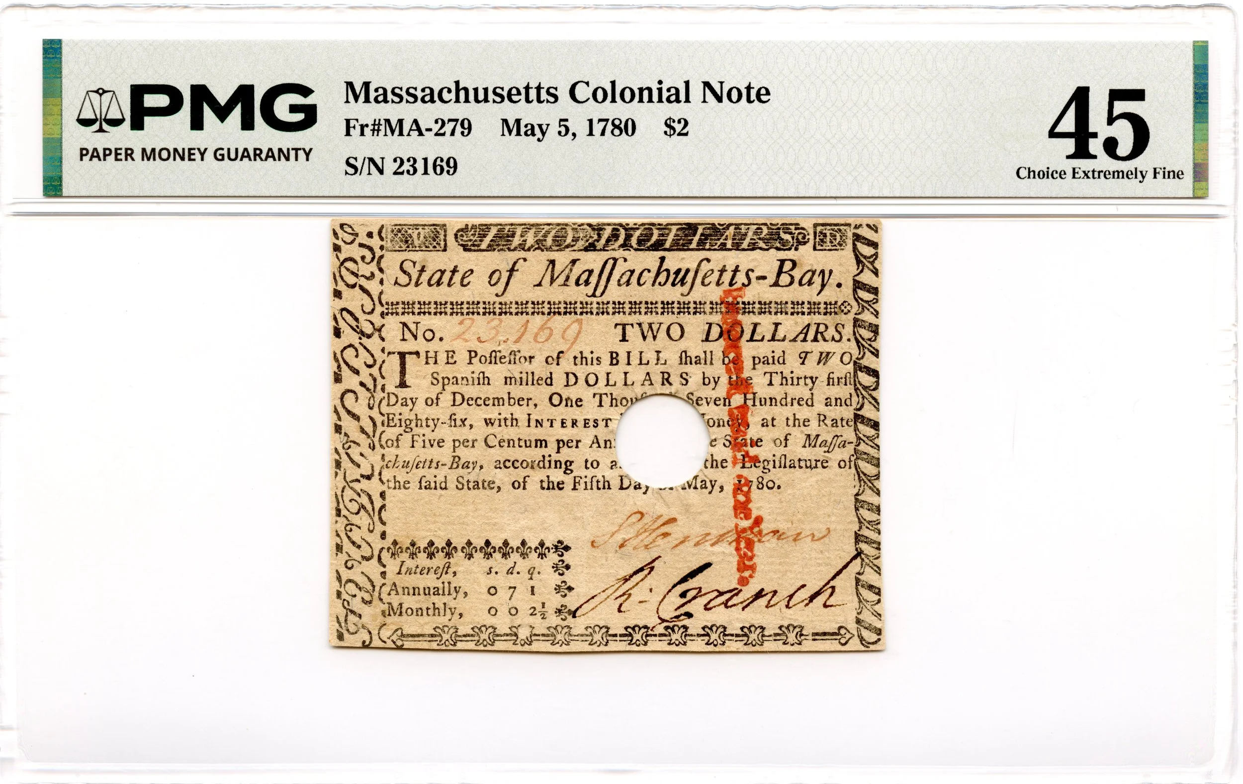 Massachusetts Colonial Note Fr#MA-279 May 5, 1780 $2 PMG XF-45