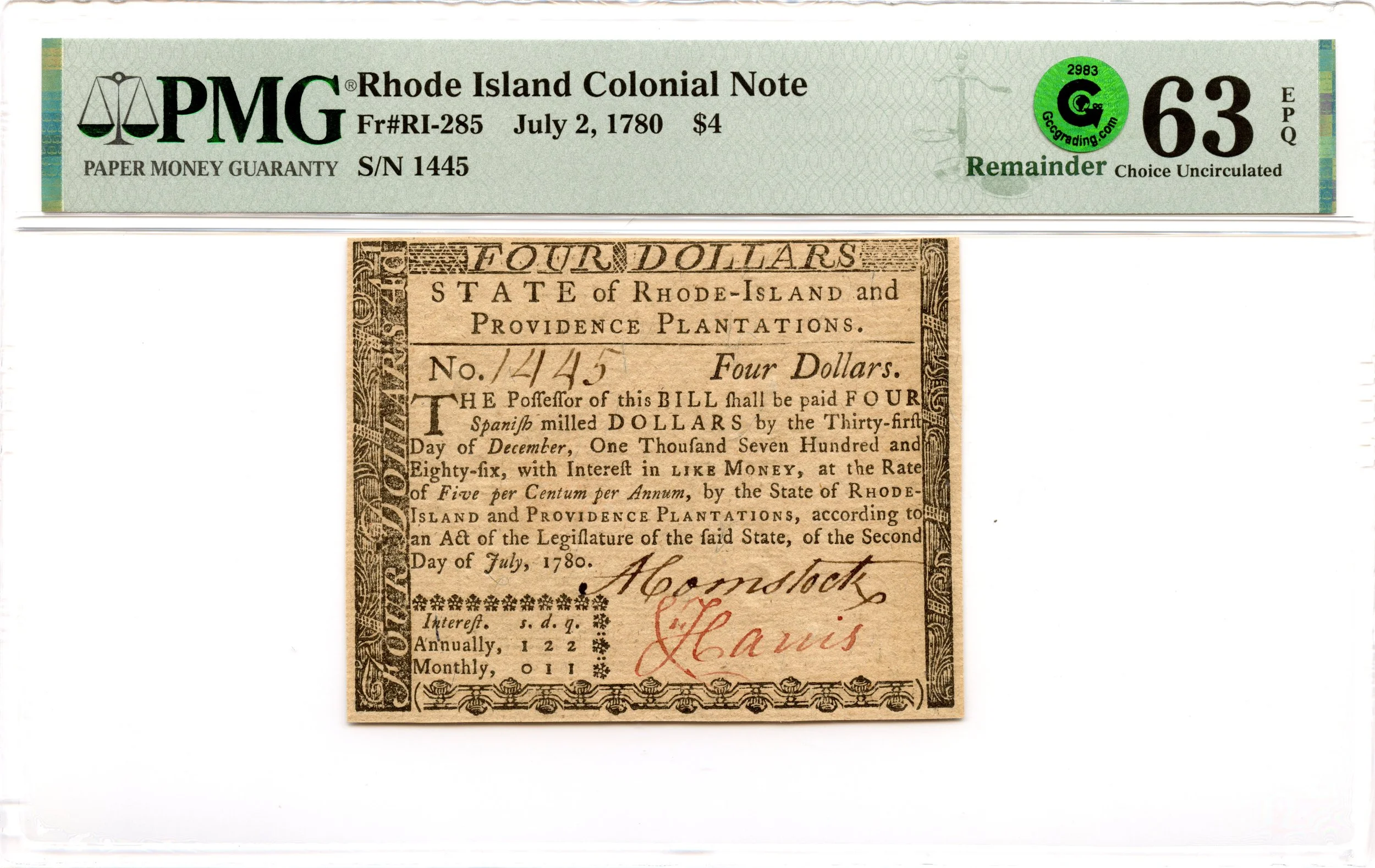 Rhode Island Colonial Note Fr#RI-285 July 2, 1780 $4 PMG CU-63 EPQ GCC Green *Exceptional*
