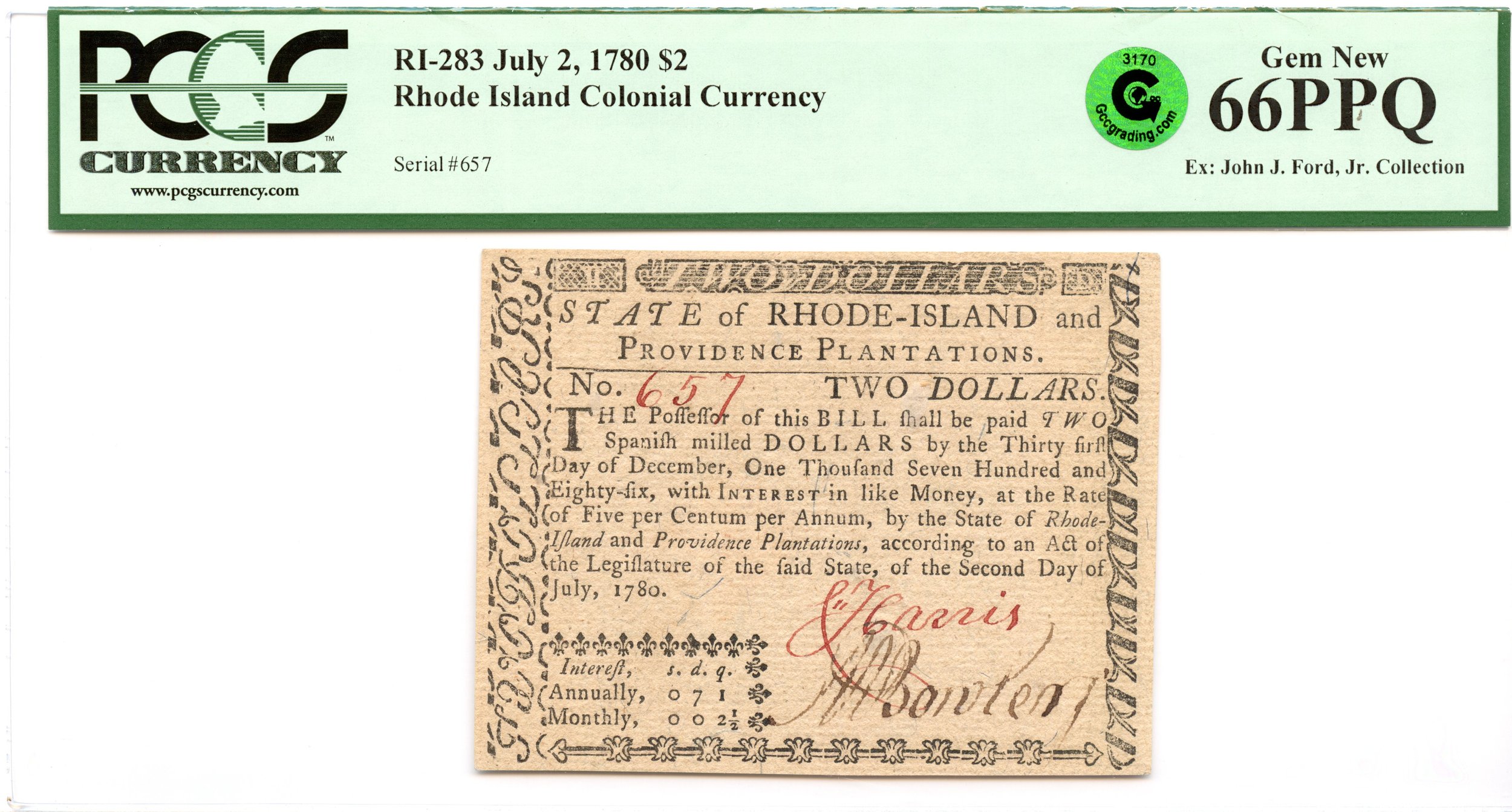 Rhode Island Colonial Note Fr#RI-283 July 2, 1780 $2 PCGS GEM 66 PPQ GCC Green *Exceptional*