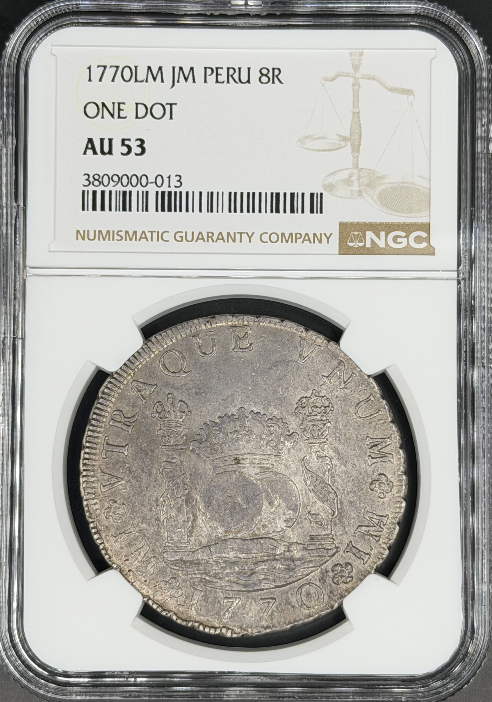 1770 LM-JM 8 Reales Pillar Dollar Spanish Colonial Peru, Lima NGC AU-53 *Exceptional*