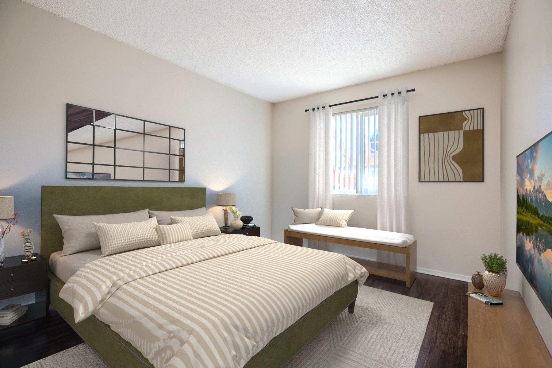 A photo of the bedroom in a one-bedroom/ one bathroom unit. The bedroom has a large closet and great natural light. 