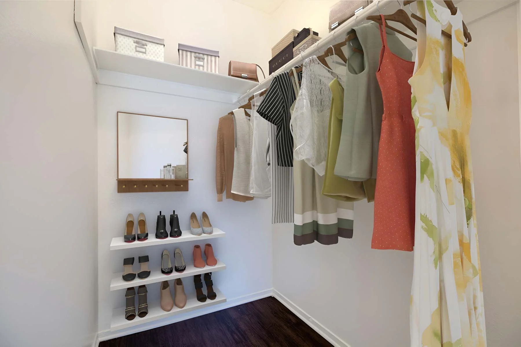 A photo of the large bedroom closet in a one-bedroom/ one bathroom unit. 