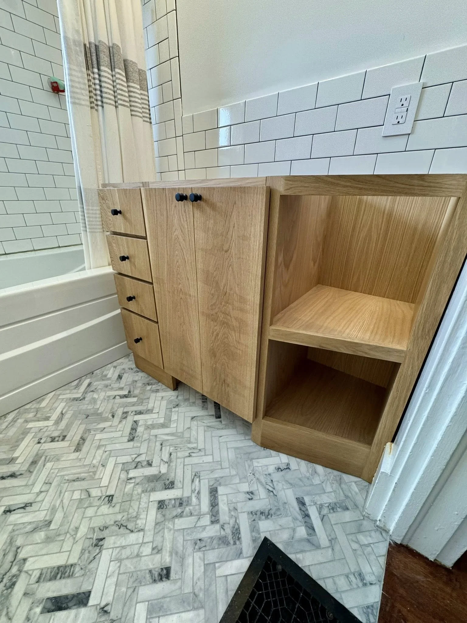 white oak single sink vanity